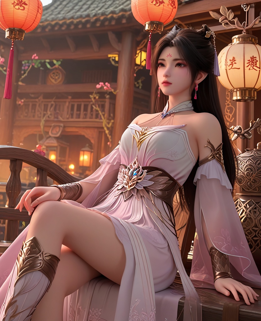 (oriental architecture, elegant decor, sophisticated style:1.1),(relaxing:1.1),(breasts:1.2),<lora:XL神墓梦可儿:0.95>,miss mengkeer,pink white dress,brown eyes,black hair,long hair,hair ornament,sash,bracer,detached sleeves,earrings,jewelry,, score_9,score_8_up,score_7_up,score_6_up,score_5_up,score_4_up,3d rendering,tag1,tag2, Cinematic Lighting,backlighting,
