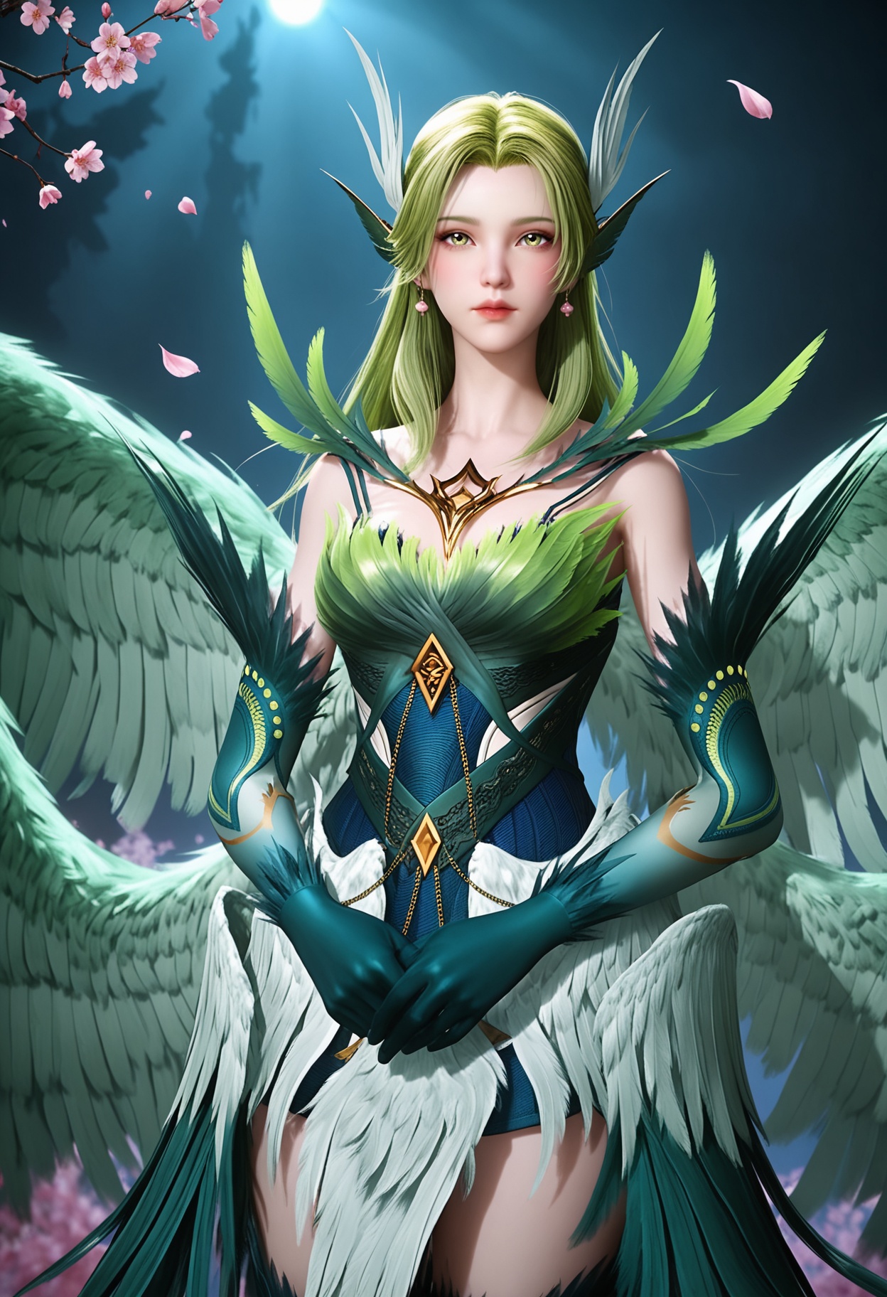 (upper_body:1.2),(looking at viewer:1.1),masterpiece,(best quality),smog,Dark room,dim lighting,peach blossom,falling petals,<lora:YQ_Illustrious光辉v5_碧姬_V1:0.8>,q1528437228,solo,1girl,long hair,green hair,feathers,green eyes,blonde hair,hair ornament,pointy ears,wings,gloves,dress,green wings,elbow gloves,jewelry,feathered wings,green dress,thighhighs,armor,yellow eyes,earrings,green feathers,multiple wings,