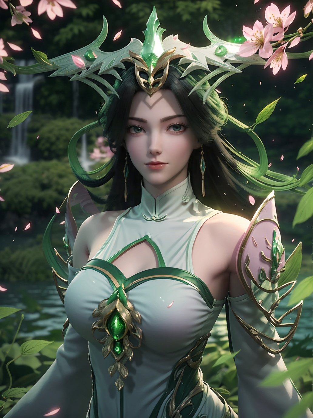<lora:liushen-000010:0.9>,(liushen original),(upper body),looking at viewer,1girl,solo,jewelry,hair ornament,earrings,bare shoulders,clothing cutout,detached sleeves,wide sleeves,original high collar dress,(water,waterfall,lake),(fantasy),((falling petals:1.3,vibrant glowing green leaves:1.3)),(light particles),((pink flower falling,cherry blossoms)),