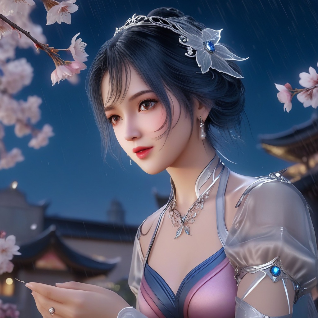 <lora:707-DA-XL-斗罗大陆-唐舞桐:0.8>(,1girl, ,best quality, ),looking at viewer, ,ultra detailed 8k cg, ultra detailed background,  ultra realistic 8k cg,          cinematic lighting, cinematic bloom, (( , )),,  , unreal, science fiction,  luxury, jewelry, diamond, pearl, gem, sapphire, ruby, emerald, intricate detail, delicate pattern, charming, alluring, seductive, erotic, enchanting, hair ornament, necklace, earrings, bracelet, armlet,halo,masterpiece, (( , )),,  ,cherry blossoms,(((, night,night sky,,  ultra high res, (photorealistic:1.4), raw photo, 1girl, , rain, sweat, ,wet, )))(( , ))   (cleavage), (), 