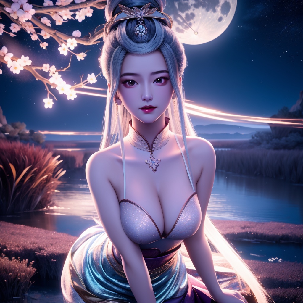 <lora:769-DA-念无双-韩女:0.8>, (,1girl, ,best quality, ),looking at viewer,  ,ultra detailed background,ultra detailed background,ultra realistic 8k cg,, ,masterpiece, (( , )),, ,   ,   cure blossom, full moon,night,night sky,  (cleavage),,  (), ,,