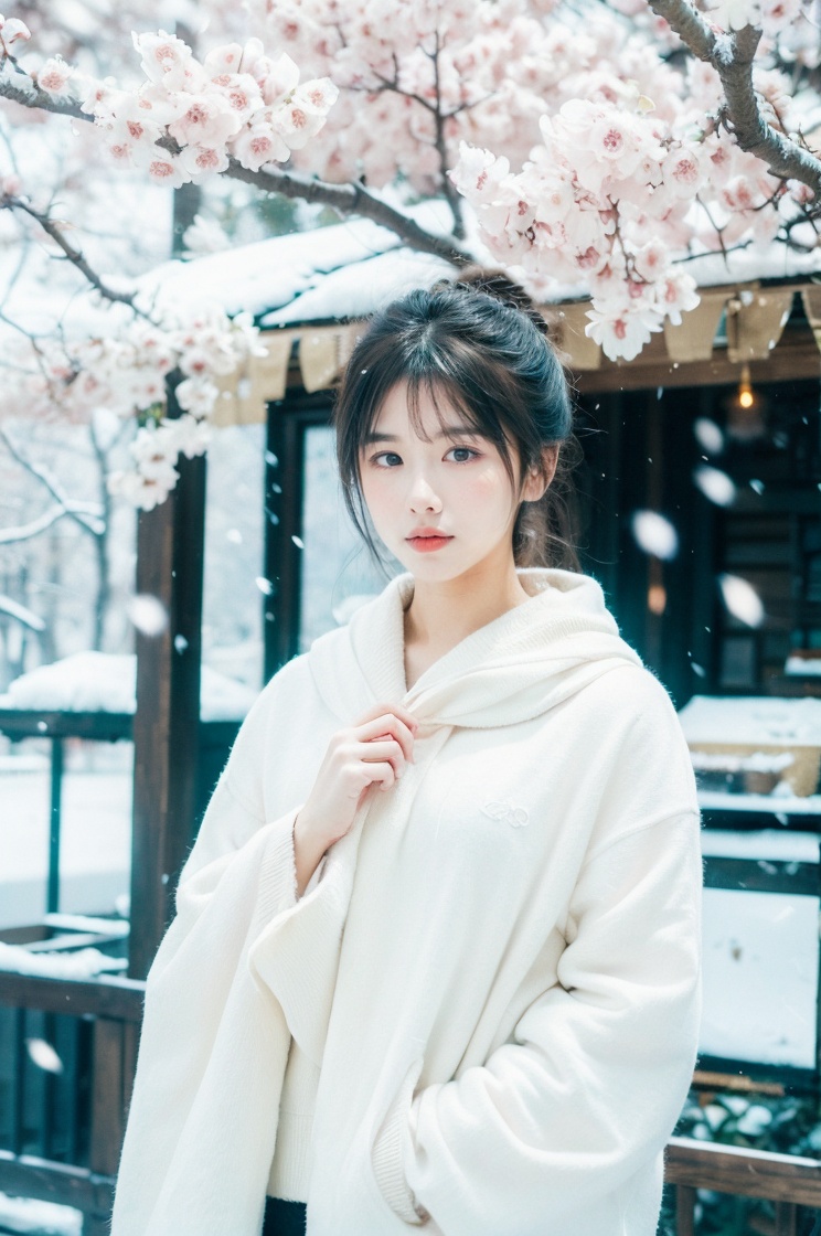 best quality,masterpiece,ultra high res,snowing,with plum blossoms next to her <lora:13guojiang_lora:1>