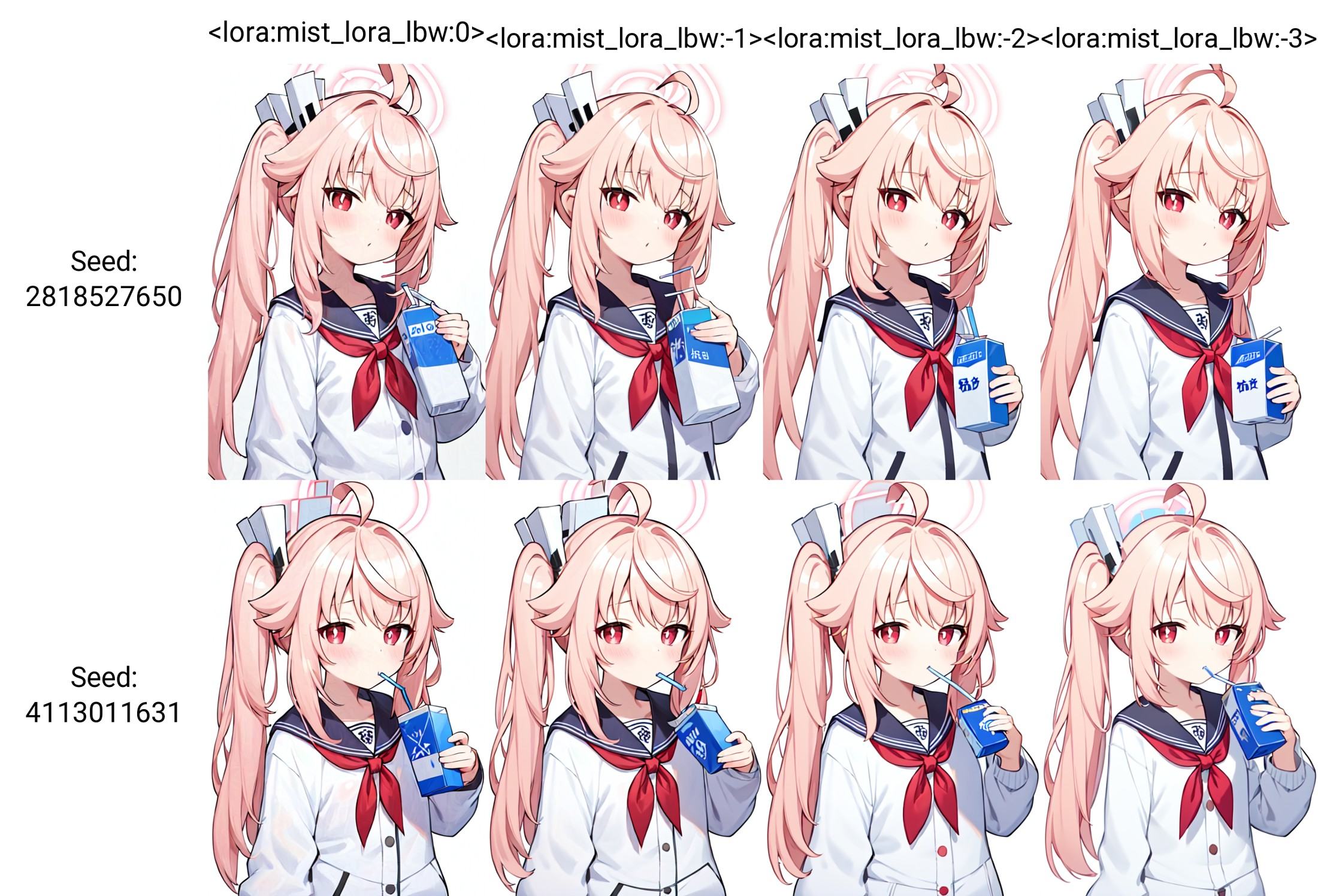 natsu \(blue archive\),1girl, halo,solo, side_ponytail, simple_background, white_background, halo, ?, ahoge, hair_ornament, juice_box, looking_at_viewer, milk_carton, drinking_straw, serafuku, blush, long_sleeves, red_neckerchief, upper_body, holding, black_sailor_collar,<lora:natsu_noise_image-000015:1> <lora:mist_lora_lbw:0>