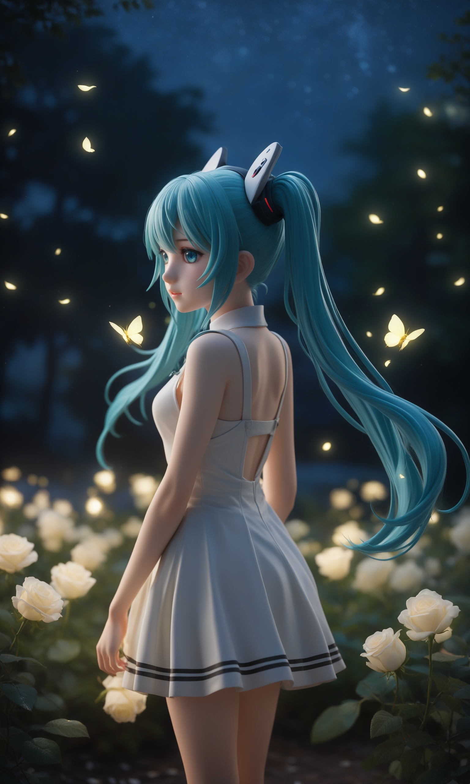 Realistic,Masterpiece,18 - year - old,solo,face focus,masterpiece,best quality,1girl,hatsune miku,white roses,petals,night background,fireflies,light particle,solo,aqua hair with twin tails,aqua eyes,standing,pixiv,depth of field,cinematic composition,best lighting,looking up,