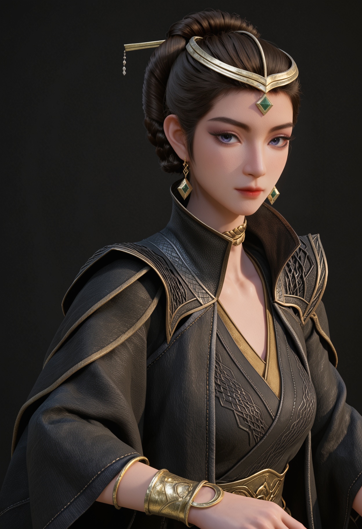 (upper_body:1.2),score_9,score_8_up,masterpiece,(best quality),intricate details,facing viewer,(looking at viewer:1.1),<lora:YQ_pony_wenfuren_V4:0.8>,q1528437228,1girl,jewelry,solo,earrings,black hair,hair ornament,bracelet,brown hair,blue eyes,updo,braid,circlet,long hair,hair bun,wide sleeves,cape,eyeshadow,purple eyes,dress,necklace,gem,grey eyes,robe,short hair,single hair bun,tiara,chinese clothes,hair stick,black dress,BREAK(score_9:1.2),(score_8_up:1.2),masterpiece,best quality,very aesthetic,perfect anatomy,(hourglass),perfect face,(simple background,pure black background,black background:1.1),fair_skin,(shiny_skin:1.1),Ivory_skin,