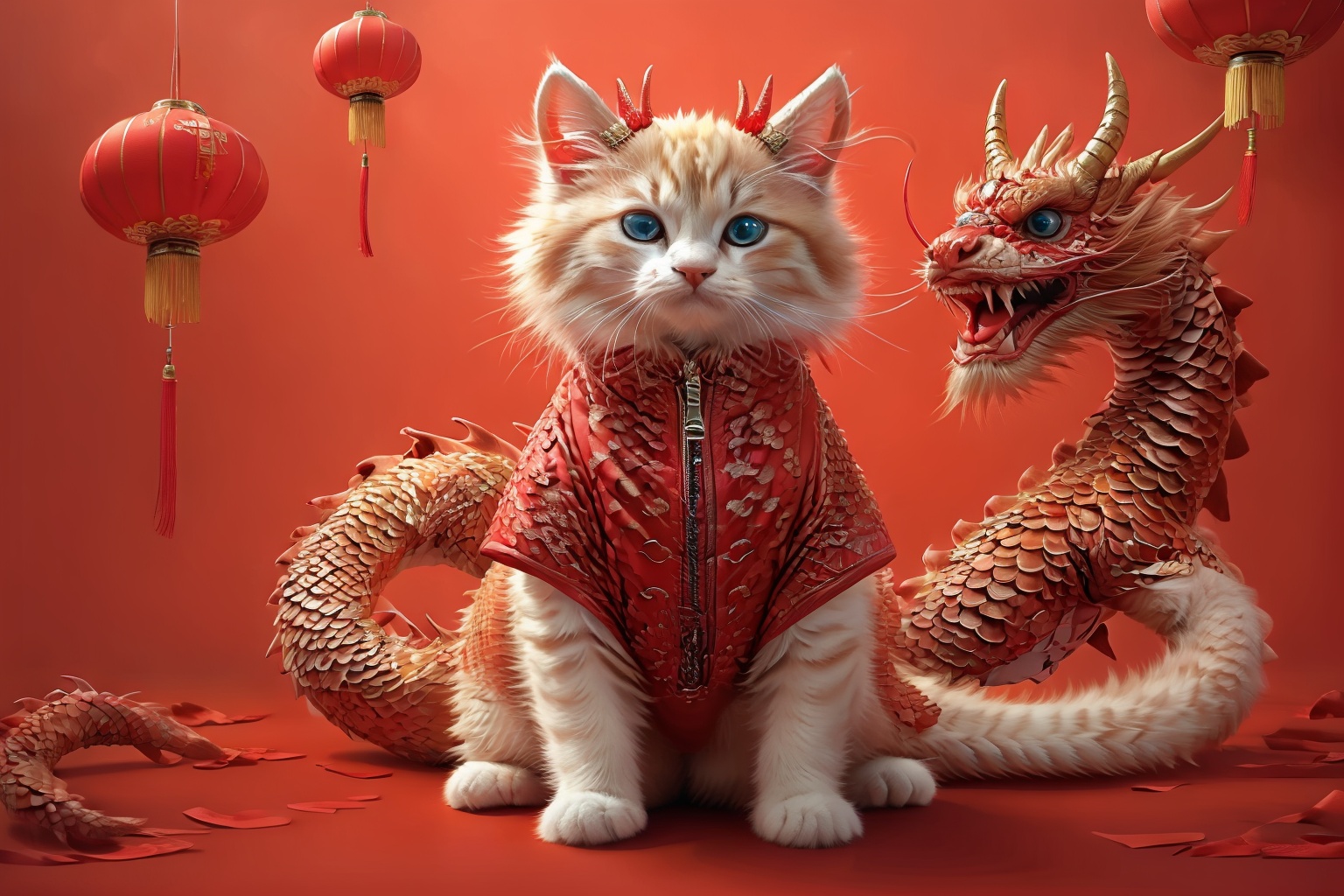 <lora:xiezhen-000035:0.6>,lantern,no humans,paper lantern,animal,whiskers,chinese new year,animal focus,fangs,blue eyes,red theme,clothed animal,red background,cat,zipper,dragon,dragon_horns,horns,