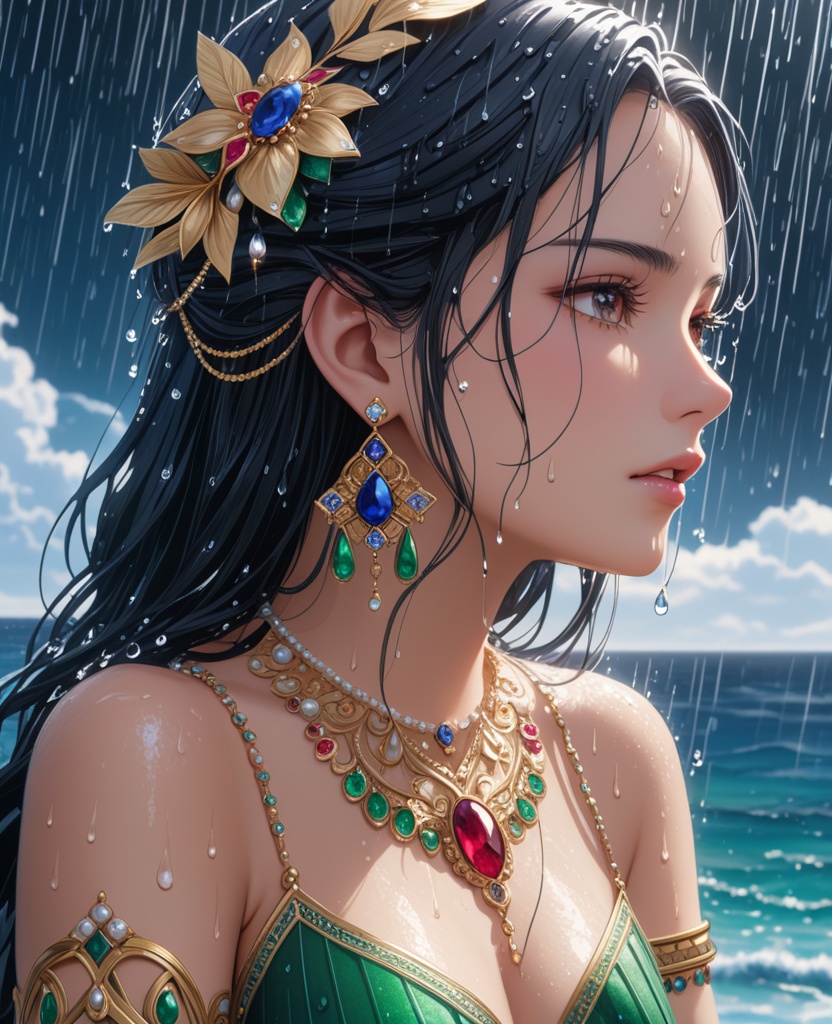 (,1girl, ,best quality, ),looking at viewer, ,ultra detailed 8k cg, ultra detailed background, ultra realistic 8k cg,  ,masterpiece((((1girl, solo,  , ,solo focus, wet,sweat, ocean,rain, water drop, )))) (, , sweatdrop, flying sweatdrops, sweating profusely,colorful drop \(module\), )   clean, masterpiece,     cinematic lighting, cinematic bloom,   , unreal, science fiction, luxury, jewelry, diamond, gold, pearl, gem, sapphire, ruby, emerald, intricate detail, delicate pattern, charming, alluring, seductive, erotic, enchanting, hair ornament, necklace, earrings, bracelet, armlet,halo,