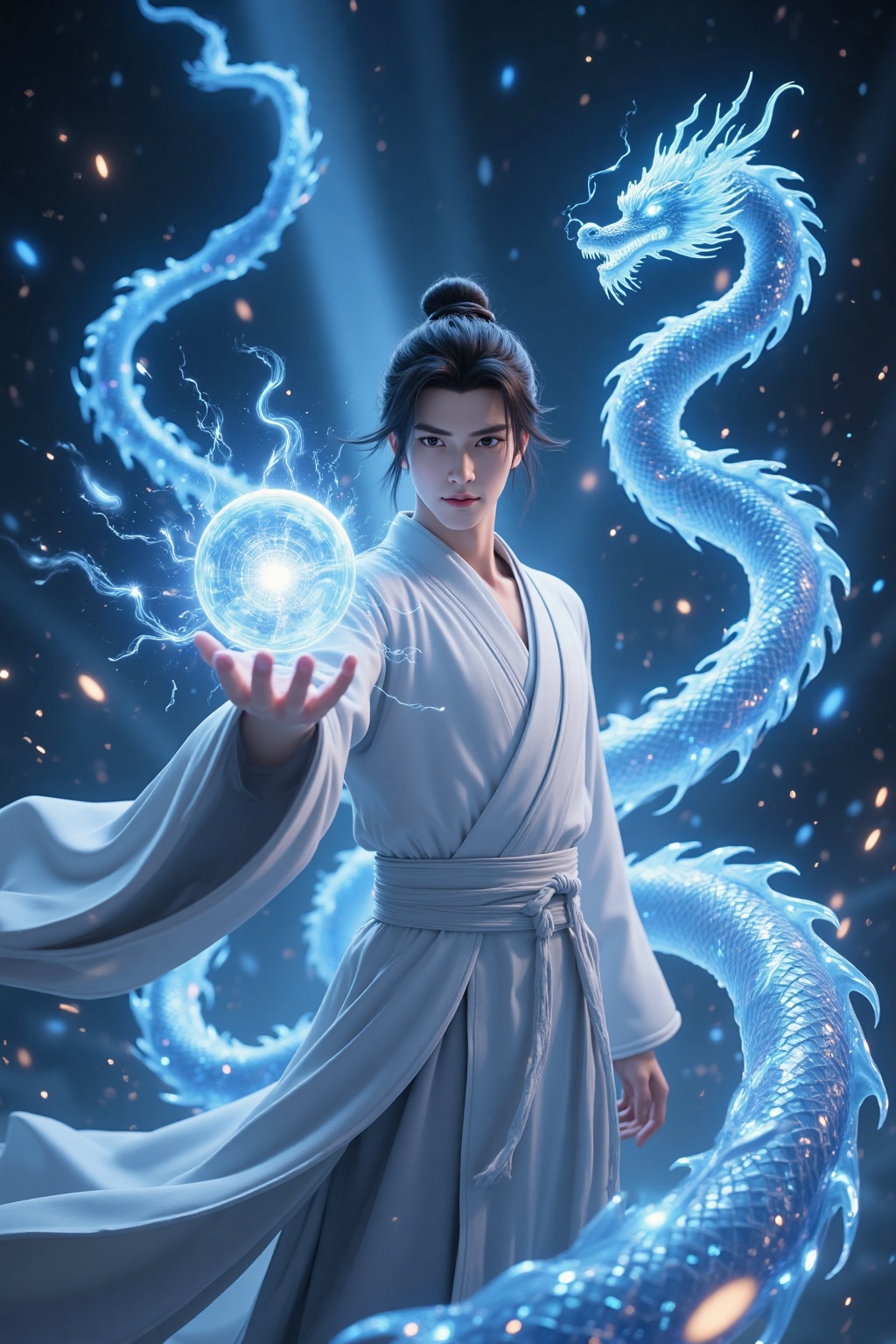 CGI,CGI,CGI,CGI,CGI,A fantasy and magical animated scene featuring a mysterious character wearing a flowing white robe,with hair tied into a bun,standing in the void. His palm slowly pushed forward,and a shimmering blue energy ball condensed from the palm,gradually increasing its radiance and illuminating the surroundings. In the background,the flowing blue light strip is **** a swimming dragon shuttling back and forth,embellished with sparkling light points,creating a mysterious and unfathomable atmosphere. The character's face is focused and their gaze is firm,as if they are casting a powerful spell. As the gesture changes,the energy ball suddenly erupts,transforming into countless small energy fragments that scatter and dance around,causing fluctuations in the surrounding light bands and particles,creating a dynamic light and shadow effect. The entire scene is full of dynamic and magical colors,**** a visual feast,making people feel the infinite charm of the magical world. Close up,close-up of the character casting process,accompanied by a wide-angle display of the spectacular scene of energy release.,CGI,CGI,