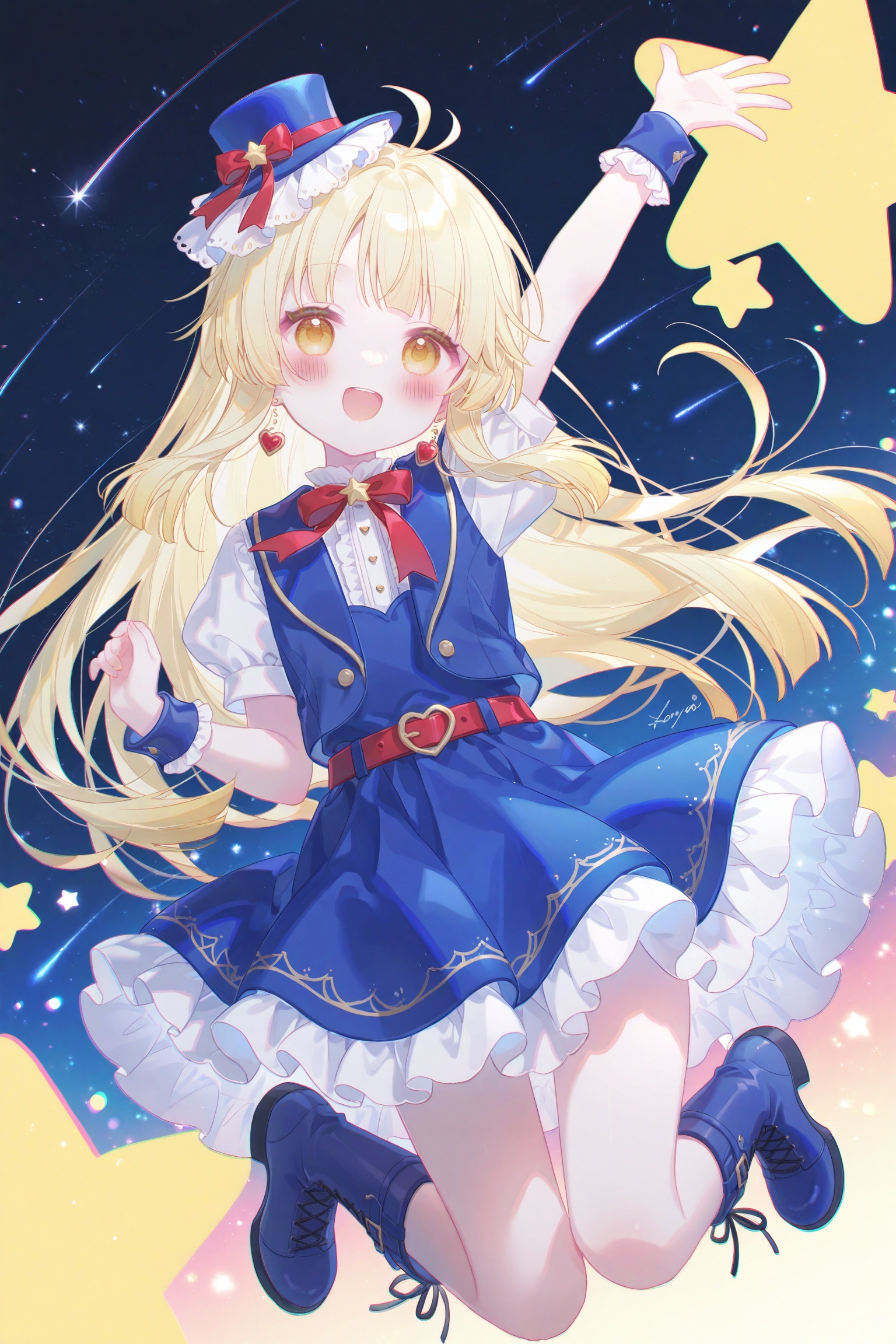 masterpiece,very aware,highres,absurdres,newest,best quality,loli,petite,high quality,chromatic_aberration,cinematic_angle,dutch angle,nyalia,//,umehara,konya666,//, tsurumaki kokoro, 1girl, solo, smile, :d, long hair, blonde hair, blue footwear, boots, skirt, yellow eyes, hat, fringe trim, star (symbol), arm up, short sleeves, red bow, blue skirt, earrings, blush, mini hat, frills, looking at viewer, very long hair, bow, frilled skirt, tilted headwear, jewelry, jumping, shirt, full body, top hat, outstretched arm, twitter username, lace-up boots, jacket, white shirt, cross-laced footwear, red belt, open mouth, blue jacket, belt, knee boots, mini top hat, belt buckle, heart, starry background, signature, wrist cuffs, buckle, brown eyes, blue headwear, virtual youtuber, heart earrings, shooting star