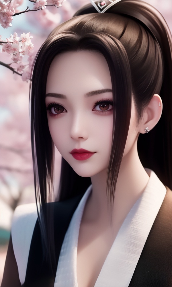 (,1girl, ,best quality, ),looking at viewer, <lora:411-DA-太一剑仙传-季师师:0.8> ,, ,masterpiece,(( , )),, realistic,science fiction,mole,,ultra realistic 8k cg,     ,cherry blossoms,,night, night sky, crescent moon, moonlight,,(facing viewer, looking at viewer, , ),  (cleavage), (), blurry, depth_of_field, blurry_background, 1girl, blurry_foreground, black_hair, mole, solo, lips, motion_blur, nose, makeup,