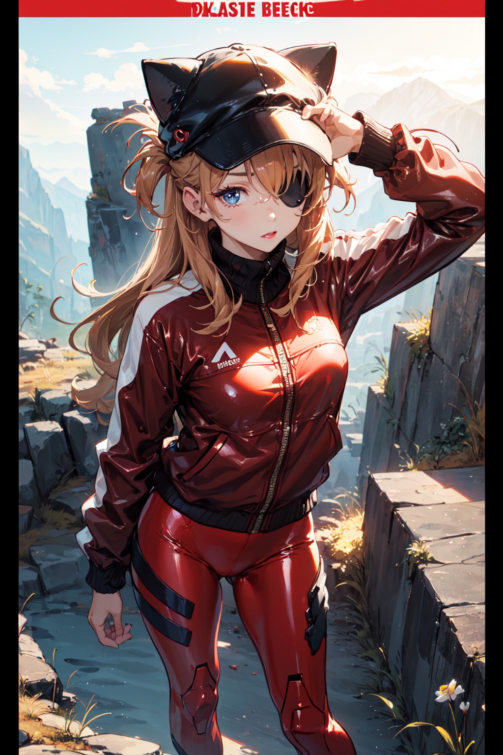 <lora:Asuka-000018:0.8>,Asuka CYQL,1girl,looking at viewer,solo,long hair,blue eyes,interface headset,brown hair,orange hair,hair between eyes,two side up,medium breasts,(plugsuit,eyepatch,hat,jacket,animal hat,bodysuit,red jacket,track jacket,cat hat,black headwear,bodysuit under clothes,red bodysuit,hat ornament,long sleeves,zipper,turtleneck),(expressionless:1.2),beautiful face,beautiful eyes,glossy skin,shiny skin,(bust,from_above,wariza:1.2),thumbs up,Mountain peak, Sunrise, Hiking trail, Morning colors, Summit view, Adventure,Irises,beautiful detailed sky,beautiful detailed glow,(English text:1.3),(border:1.5),posing in front of a colorful and dynamic background,(masterpiece, best quality, beautiful and aesthetic:1.3),contrapposto,female focus,fine fabric emphasis,wallpaper,fashion,Lipstick,depth of field,intricate_detail,finely_detailed,fine_fabric_emphasis,(glossy),<lora:增强减少细节add_detail:0.3>,