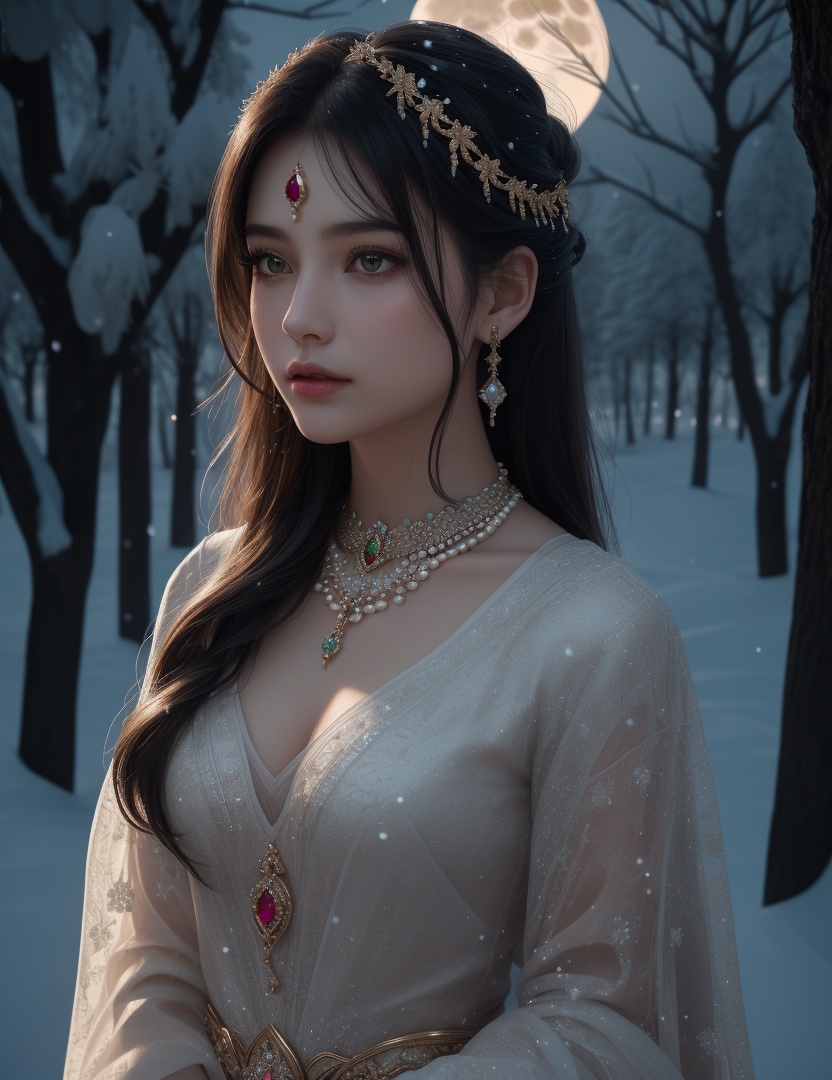 (,1girl, ,best quality, ),looking at viewer,  ultra realistic 8k cg, picture-perfect face,   clean, masterpiece,     cinematic lighting, cinematic bloom, fantasy,  , unreal, science fiction, ((,1girl, pov,))(((,tree, 1girl, full moon,snowing,snow ,solo,     solo focus,  long_hair, looking_at_viewer,  )))  (rich:1.4,)     prestige, luxury, jewelry, diamond, gold, pearl, gem, sapphire, ruby, emerald, intricate detail, delicate pattern, charming, alluring, seductive, erotic, enchanting, hair ornament, necklace, earrings, bracelet, ,