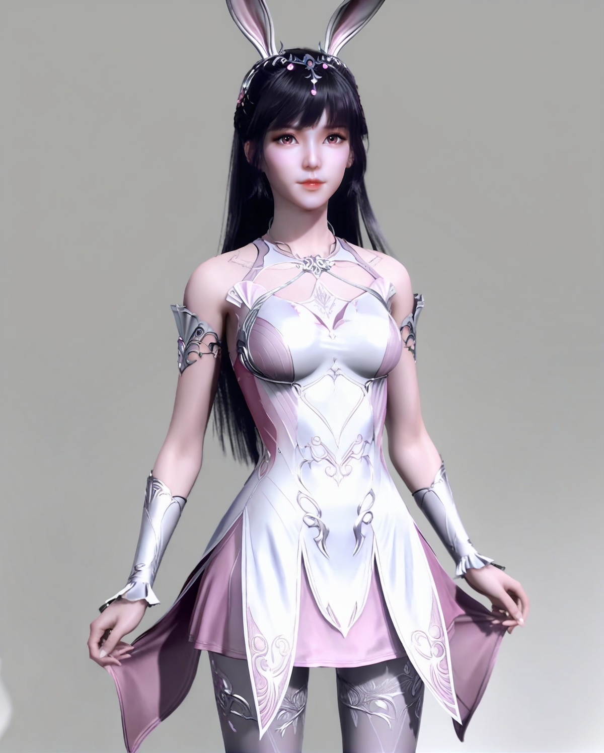 air_skin,white_skin,score_9,<lora:SF_XiaoWu_Pony_Realism-000004:0.7>,pink dress,black hair,long hair,hair ornament,rabbit ears,bangs,shiny,1girl,breasts,medium breasts,standing,pantyhose,solo,looking at viewer,simple background,cowboy_shot,