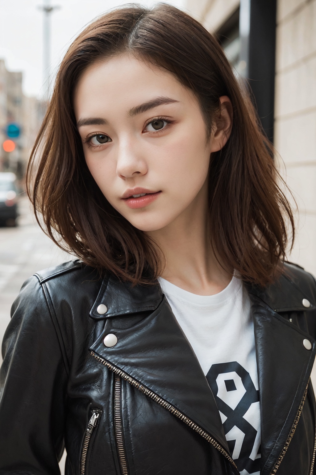 1girl,  leather moto jacket layered over a graphic tee,  charming on Tensor.Art