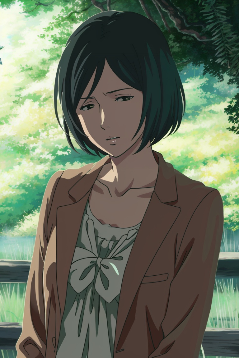 ((HRD, HUD, 8K)),((masterpiece, best quality)), highly detailed, soft light,1girl, solo, looking down, short hair, black hair, mikasa ackerman, collarbone, bob cut, kuchiki rukia, tree, half-closed eyes, jacket, <lora:20240421-1713705200913:0.8>