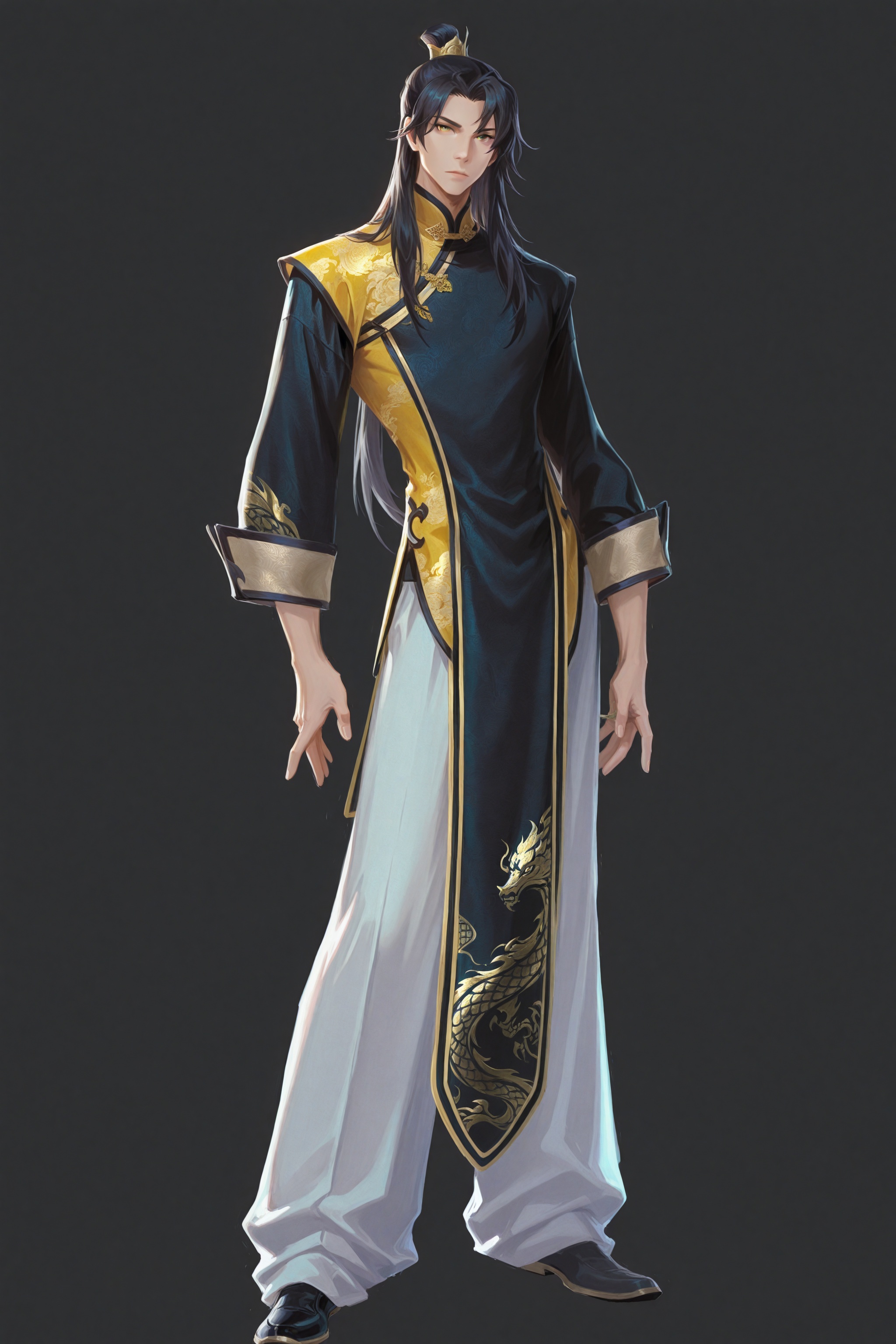 1boy,solo,male focus,black background,black hair,chinese clothes,full body,simple background,long hair,yellow eyes,standing,looking at viewer,