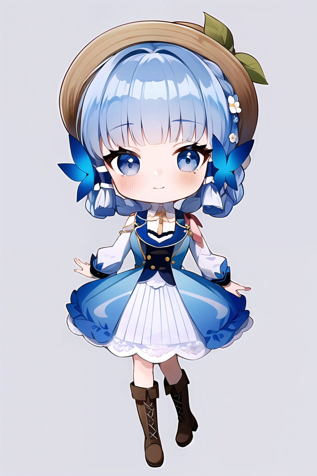 (masterpiece, best quality:1.2),insanely detailed,absurdres,ultra-highres,ultra-detailed,best quality,slender,kawaii,perfect symmetrical face,ultra cute girl,ultra cute face,ultra detailed eyes,ultra cute,ultra beautifu,<lora:kamisato ayakaV2-000006:1>,kamisato ayaka \(springbloom missive\),kamisato ayaka,1girl,solo,mole under eye,long sleeves,chibi,flower,hat,closed mouth,braid,boots,brown footwear,blue hair,smile,simple background,holding,white background,white flower,blush,puffy sleeves,hair ornament,brown headwear,full body,grey eyes,hair flower,looking at viewer,lace-up boots,blue dress,puffy long sleeves,lolita fashion,butterfly hair ornament,neck ruff,