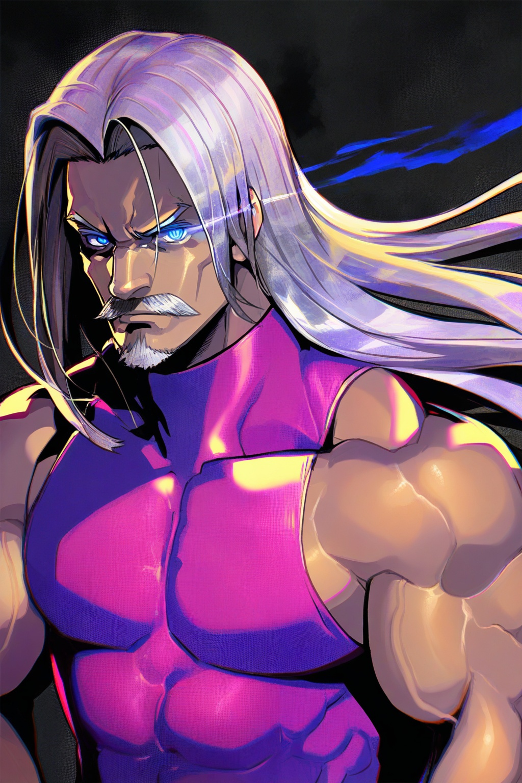 Himehajime, 1boy, male focus, solo, muscular, glowing, muscular male, blue eyes, long hair, upper body, white hair, manly, sleeveless, glowing eye, looking at viewer, grey hair, glowing eyes, pectorals, abs, mustache, facial hair