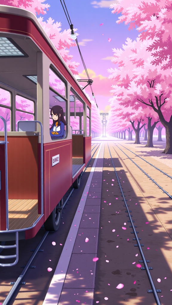 RMCJ,In the nostalgic trolley under a pinkish-purple sunset,a schoolgirl in uniform leans on the railing as cherry blossom petals drift to the ground,with a horizontal composition.,