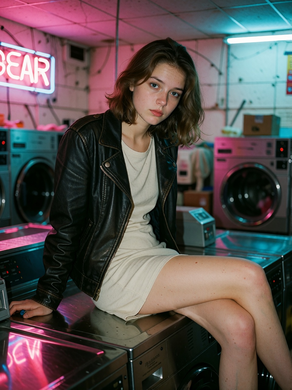 Beautiful 26-year-old woman alone in a laundromat at midnight,  short leather jacket over a simple fitted dress,  sitting...