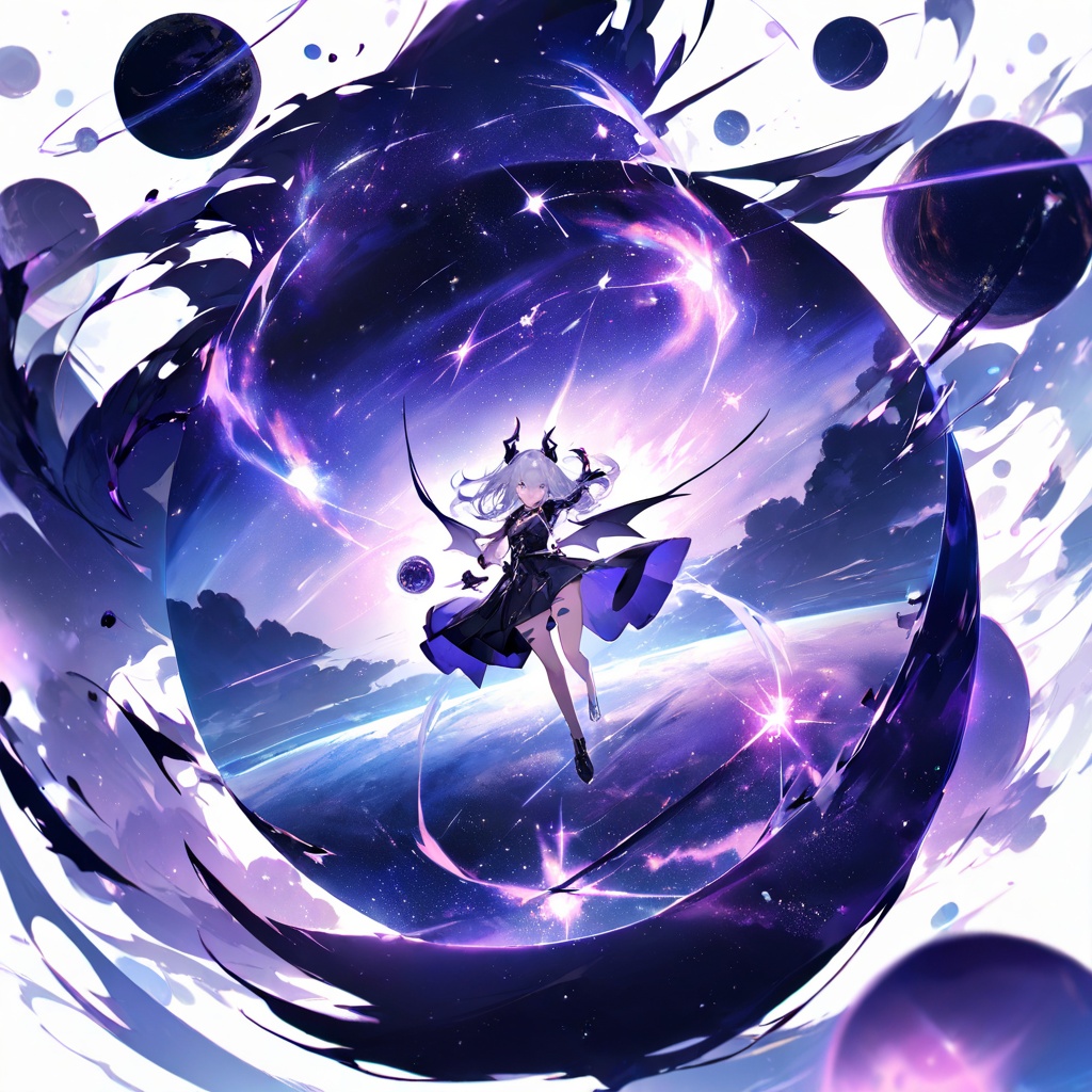 (masterpiece, best quality,top quality),[(white background:1.5)::5],(wide shot:0.95),(full body),Dynamic angle,solo,1girl,looking at viewer,hair ornament,dragon_horns,demon_wings,silver hair,black long dress,bandaid_on_leg,),black magic,purple theme,(universe in background:1.2),star_(sky),hyper_galaxy,depth_of_field,planet in background,particle effects,