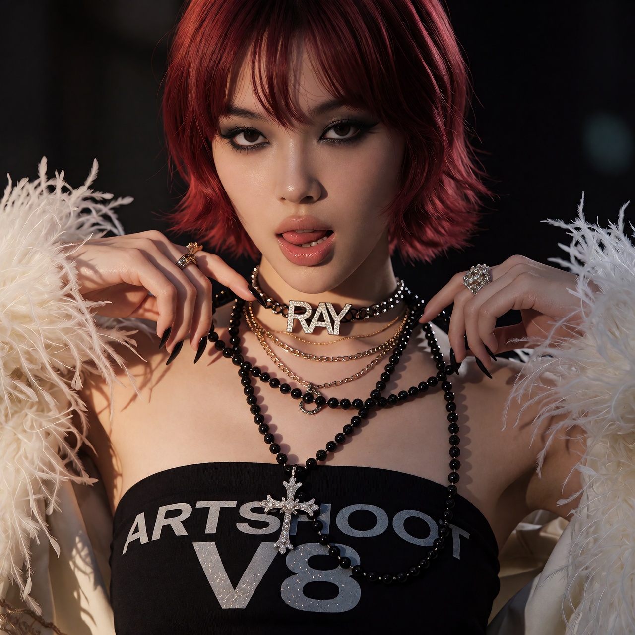 This is a highly realistic fashion portrait depicting a young woman with vibrant,  textured red short hair,  its bangs add...