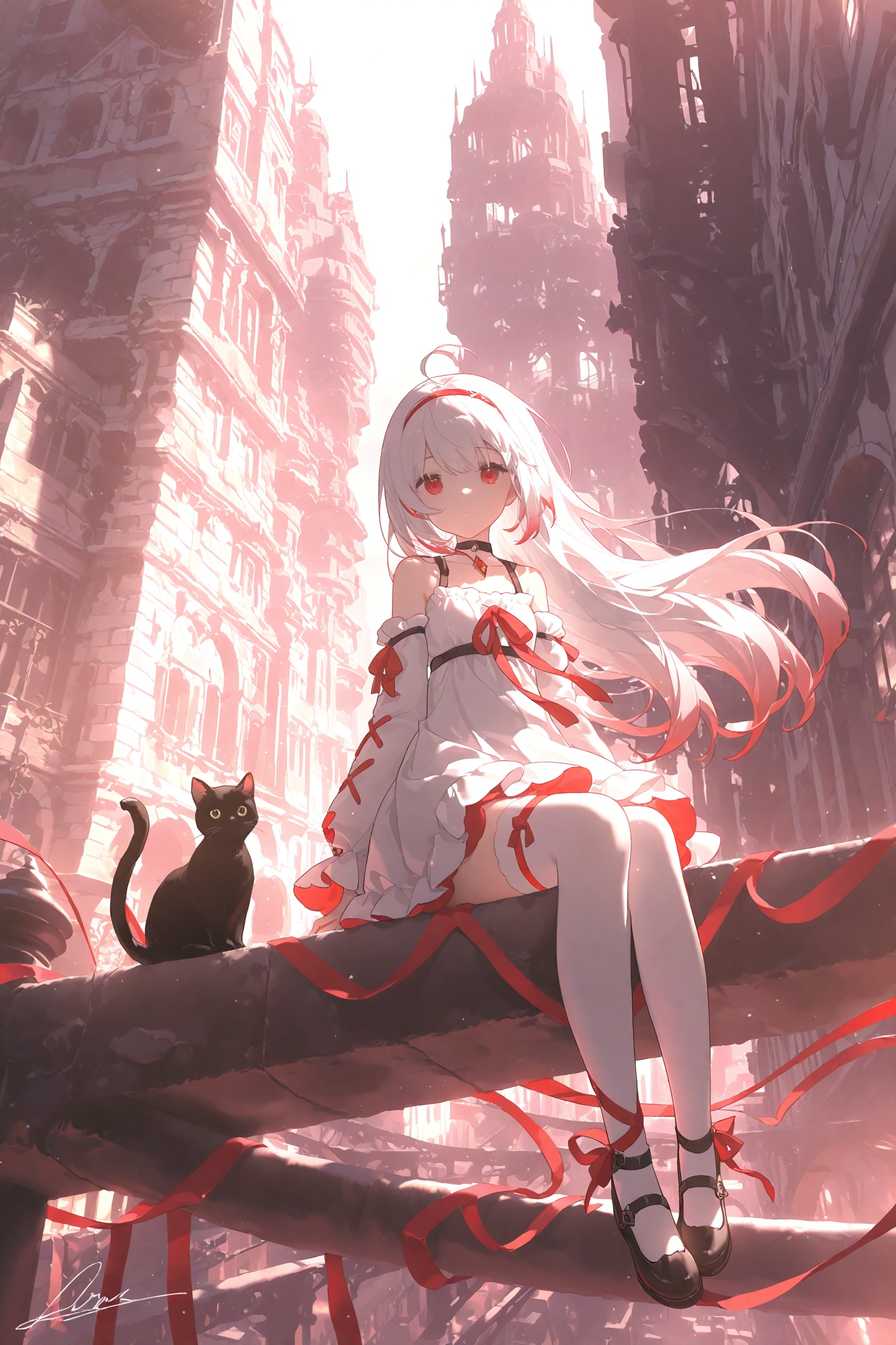 1girl,solo,long hair,looking at viewer,bangs,red eyes,thighhighs,long sleeves,dress,ribbon,bare shoulders,sitting,ahoge,white hair,multicolored hair,hairband,outdoors,detached sleeves,choker,signature,white dress,white thighhighs,cat,building,scenery,leg ribbon,