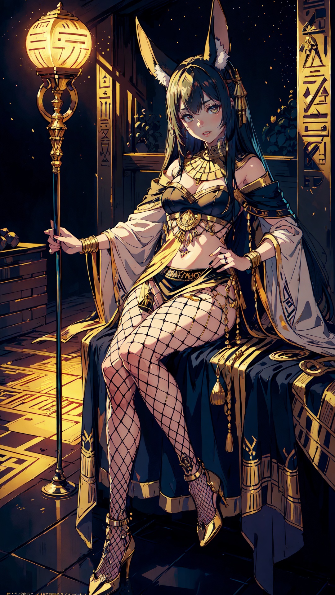 fishnet  pantyhose,high heels,(masterpiece, top quality, best quality, official art, beautiful and aesthetic:1.3), (1girl:1.3), extreme detailed, colorful, highest detailed,((ultra-detailed)), (highly detailed CG illustration), ((an extremely delicate and beautiful)), cinematic light, petite, anubis attire, solo, (abstract art:1), full body, moon, night, ((ancient egyptian theme)), (anubis ears), pyramids, staff, (gold), golden ornaments, ((expressionless)), pharao, hierography, portrait, body tattoo, face tattoo, active pose, over head lighting, fangs, glowing eyes, sitting, relics,<lora:merged_0013:0.6>,