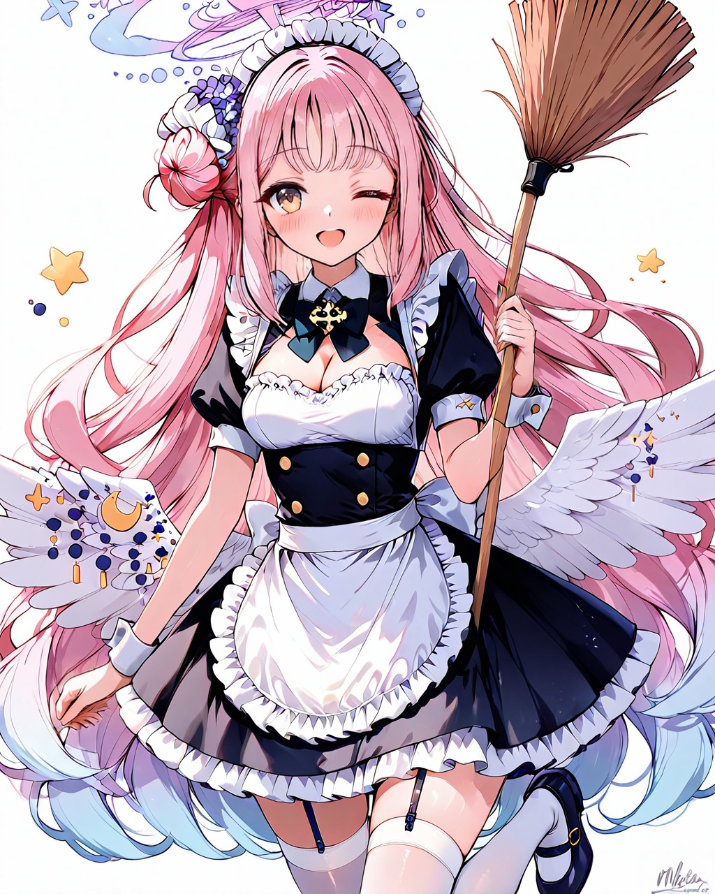 mika (blue archive),O,mika \(blue archive\),1girl,solo,apron,black footwear,one eye closed,thighhighs,hair bun,short sleeves,wings,full body,single side bun,broom,smile,puffy sleeves,white wings,shoes,dress,long hair,maid,white thighhighs,very long hair,holding,puffy short sleeves,alternate costume,frills,maid headdress,white background,flower,simple background,feathered wings,d,black dress,breasts,enmaided,hair ornament,low wings,hair flower,garter straps,looking at viewer,white apron,open mouth,medium breasts,frilled apron,holding broom,cleavage,bangs,frilled dress,gradient hair,waist apron,standing,bow,multicolored hair,angel wings,blush,maid apron,wrist cuffs,single hair bun,crescent,blue hair,black bow,brown eyes,mary janes,star,(symbol),zettai ryouiki,mop,bowtie,(UHD),anatomically correct,accurate,textured skin,super detail,high details,award winning,best quality,high quality,retinal,HD,16k,1080P,