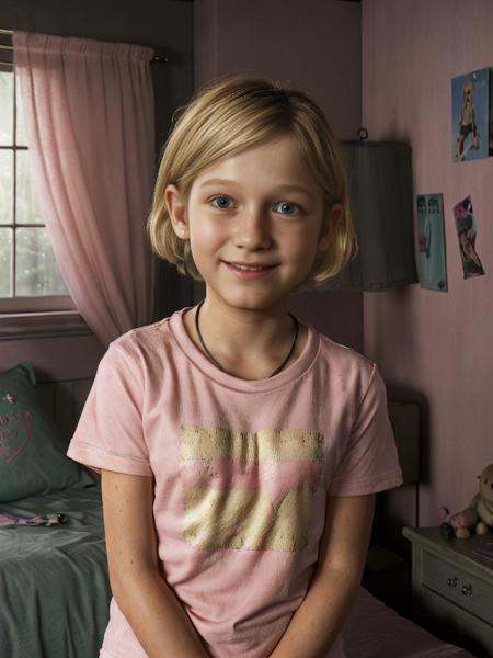 (a medium blonde hair 12 year old sarah from the last of us in a pink t-shirt in her bedroom smiling at the camera)1girl,...