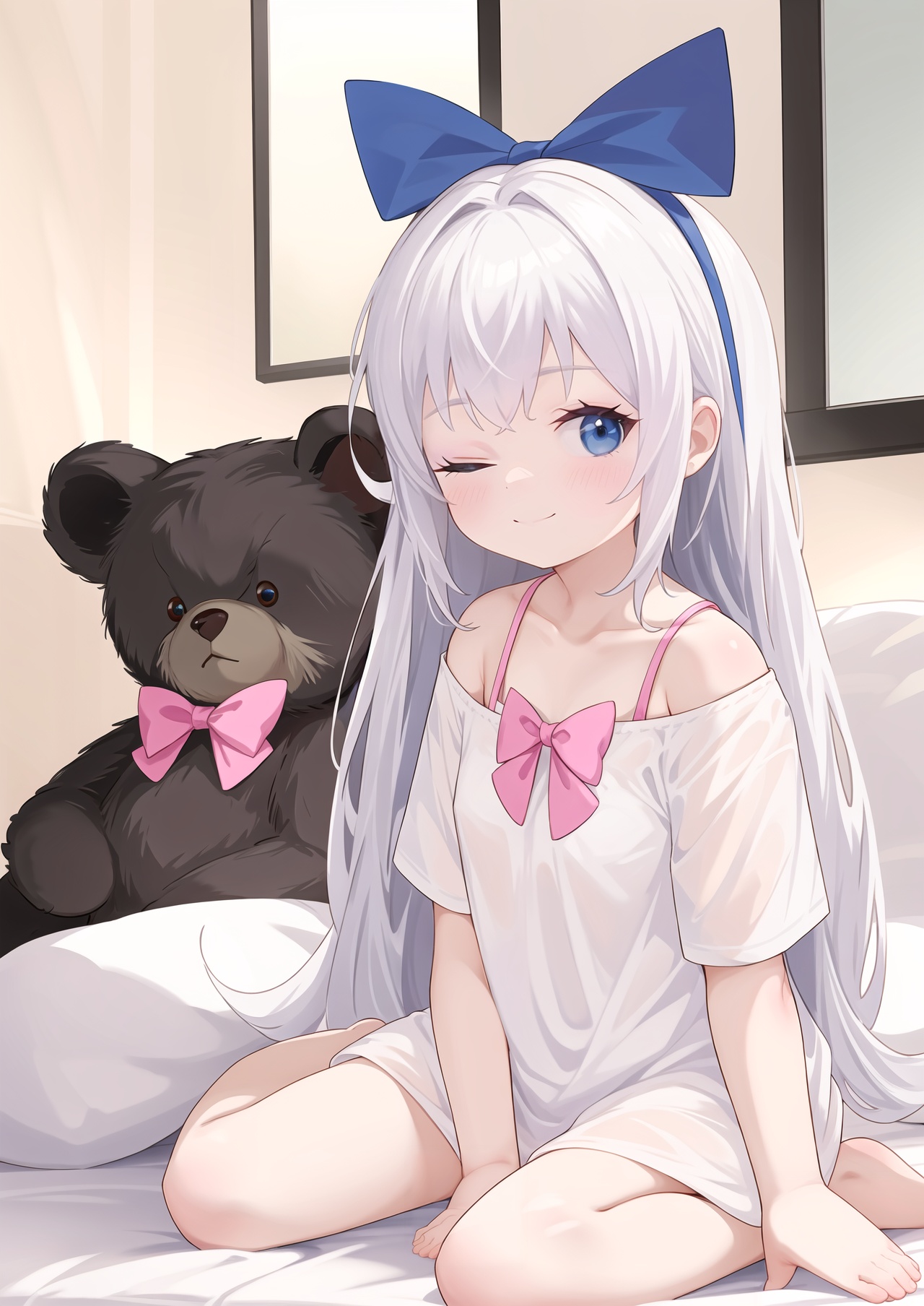 masterpiece,best quality,1girl,long hair,stuffed toy,stuffed animal,solo,one eye closed,blue eyes,bow,sitting,shirt,hair bow,blush,looking at viewer,pink bow,smile,white hair,t-shirt,ribbon,white shirt,short sleeves,teddy bear,off shoulder,wariza,collarbone,indoors,closed mouth,grey hair,