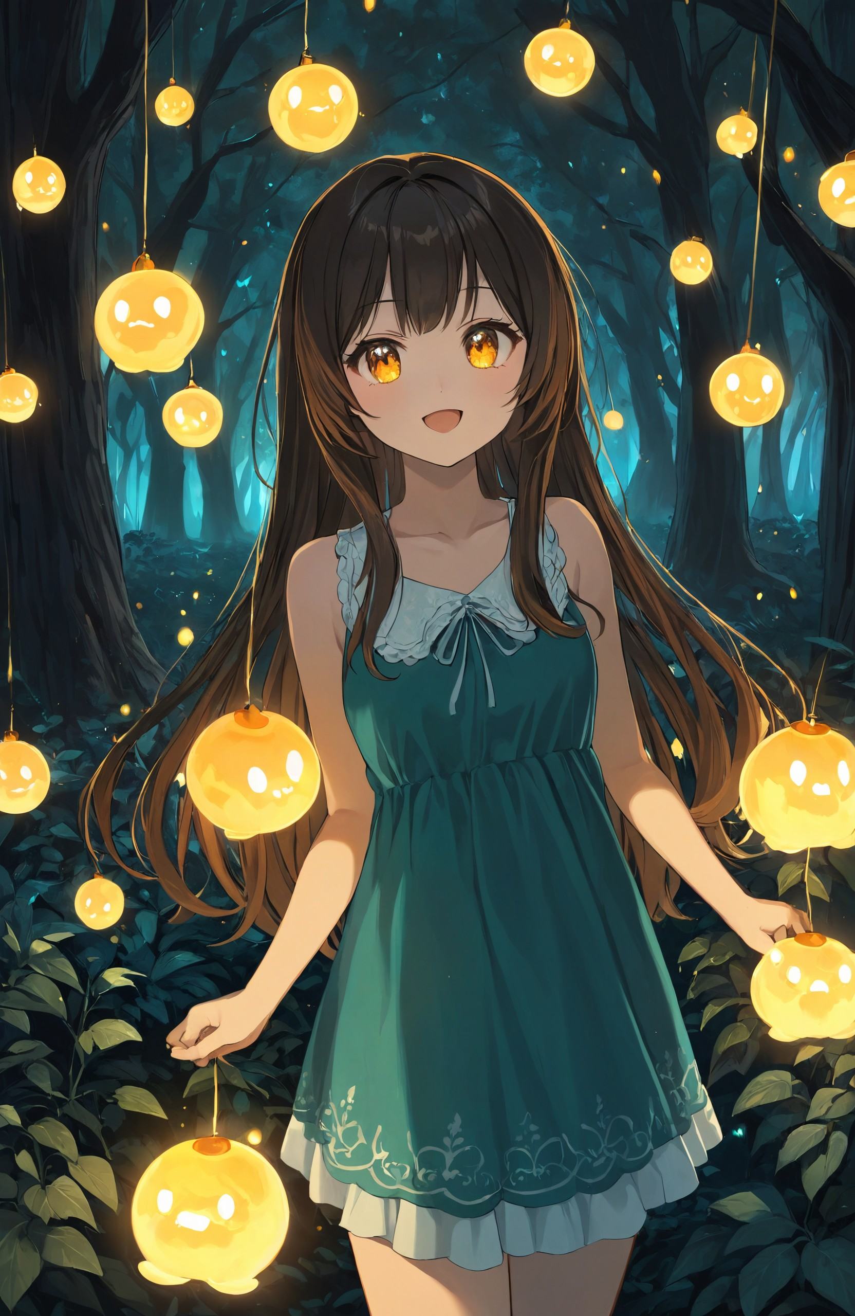 young girl with bright, curious eyes encounters a group of tiny, glowing spirits in a mystical forest. The spirits float around her, casting a soft light on her amazed face. The colors are vibrant and otherworldly, capturing the magic of the moment.
