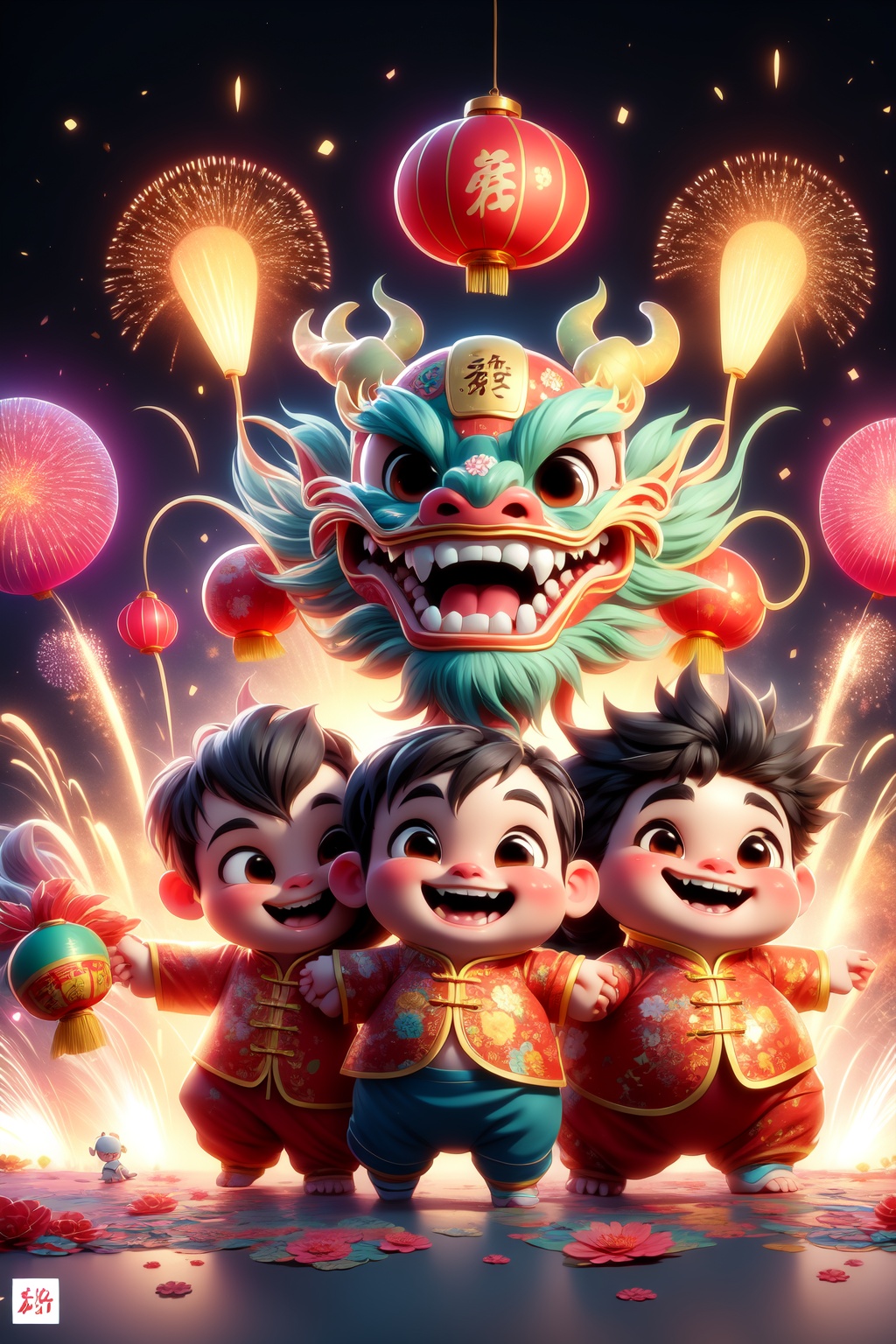 (golden_scale:1.2), Illustration cartoon cute art style,cute pet,flowers,fireworks, multiple boys, smile, open mouth, eastern dragon, chinese clothes, lantern, brown eyes, male child, chinese new year, aerial fireworks, male focus, 3boys, paper lantern, dragon, black hair, night, hat, :d, teeth, child, holding hands, festival, pants, brown hair<lora:kim_2024春节限定【龙】:0.8>