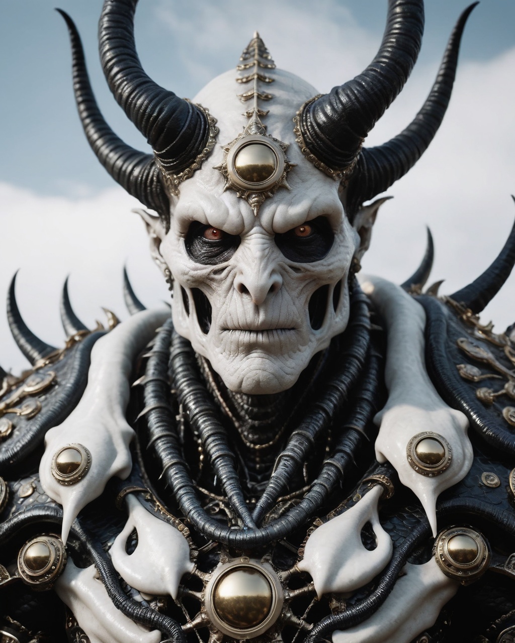 (monster) low-angle close-up portrait of a god-of-death-alien-demon wearing a extremely detailed warrior armor,  glossy wh...