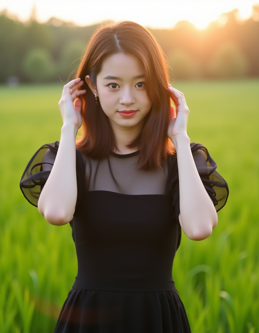 This photograph captures a young Asian woman with fair skin and straight,  shoulder-length brown hair. She is standing out...