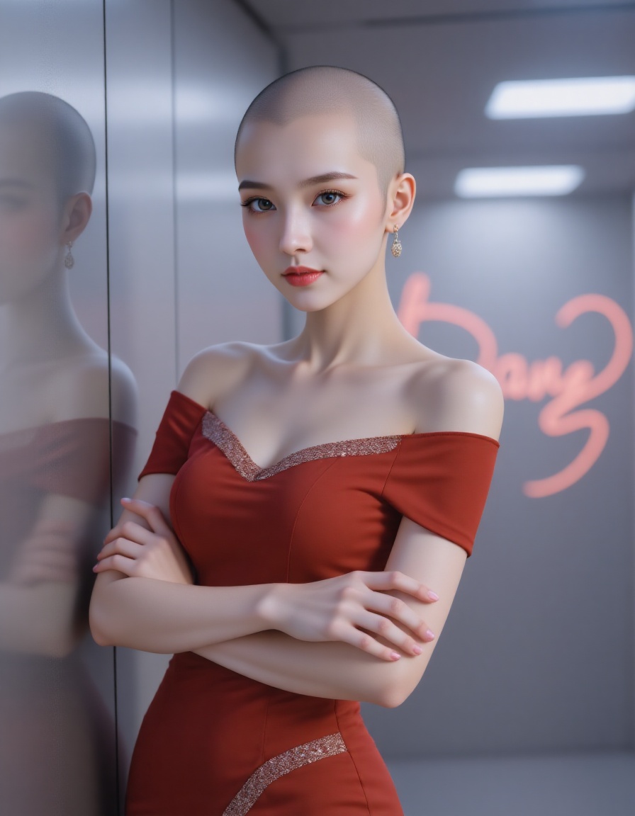 pl,pl,guangtou,1 women,In close - up photography,a woman with a cold and glamorous temperament wears a modified red off - the - shoulder cheongsam. The hem of the cheongsam is in an irregular zigzag shape and inlaid with shiny rhinestones. The woman is in a futuristic silver metal room,and abstract neon lights keep flashing on the wall behind her. She crosses her arms and looks cold,as if examining the unknown world.,