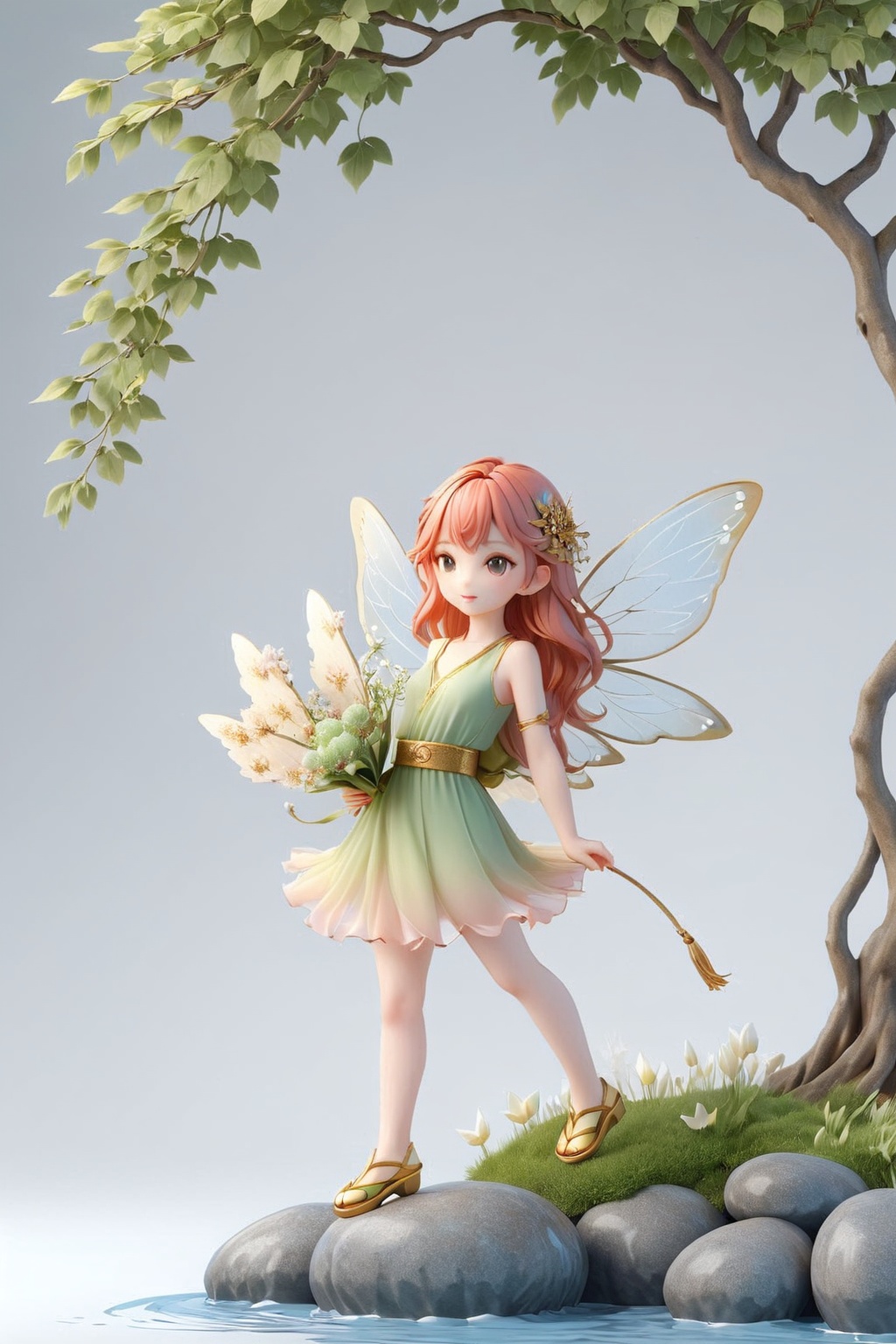 masterpiece,best quality,fairy girl,full body,standing on a rock,beside a tree,clean background,<lora:20240610-1718004651674:0.8>,3dct,