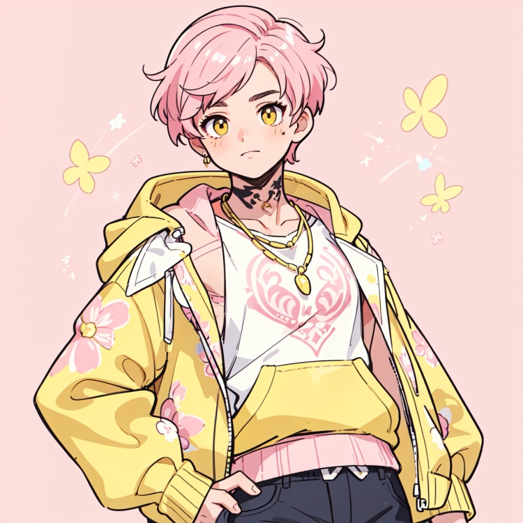 ((a man, pink short hair)) ((Pure pink and yellow background)),A vibrant young man in his early twenties stands confidently,floral jacket. His tattooed arms and beaded necklaces complement his pink hoodie,exuding a lively,retro vibe, masterpiece,best quality,very aesthetic,absurdres,