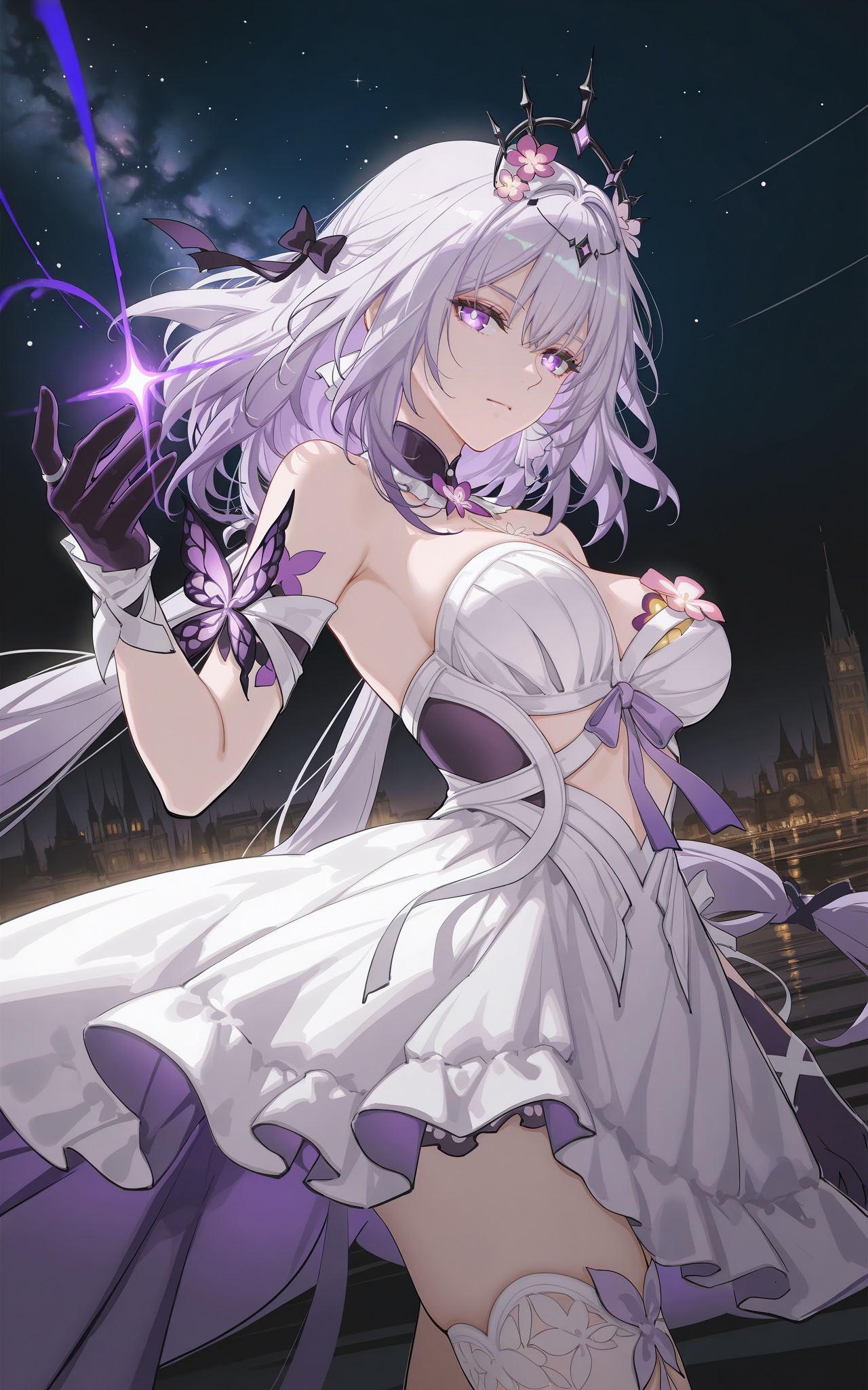 8k,best quality,masterpiece,(ultra-detailed),(high detailed skin),((artist:reoen),(artist:fuzichoco),(artist:atdan),(artist:torino_aqua),year 2024:0.8),[artist:wlop],[artist:ningen_mame],artist:ciloranko,[[artist:rhasta]],artist:tidsean,colorful,<lora:illustrious_Simple Flat Coloring_v2-000028:0.75>,Simple Flat Coloring,sketch,line,Agm,<lora:xl-ill-castorice(honkai_star rail)_v1-000010:0.8>,castorice\(honkai:star rail\),1girl,solo,dress,purple eyes,long hair,white dress,flower,bare shoulders,hair ornament,closed mouth,breasts,strapless dress,thighhighs,strapless,crown,hair flower,single thighhigh,night,grey hair,expressionless,white thighhighs,very long hair,star \(sky\),purple hair,wings,(dark,chiaroscuro,hight-contrast:1.7),darkness,side,