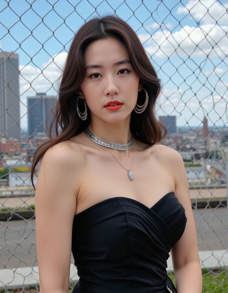 The image is a portrait of a young woman posing in front of a chain-link fence. She is wearing a black strapless corset top and a silver choker necklace. Her hair is styled in loose waves and she is wearing large hoop earrings. She has red lipstick on and is looking directly at the camera with a serious expression. The background shows a cityscape with tall buildings and a blue sky.,