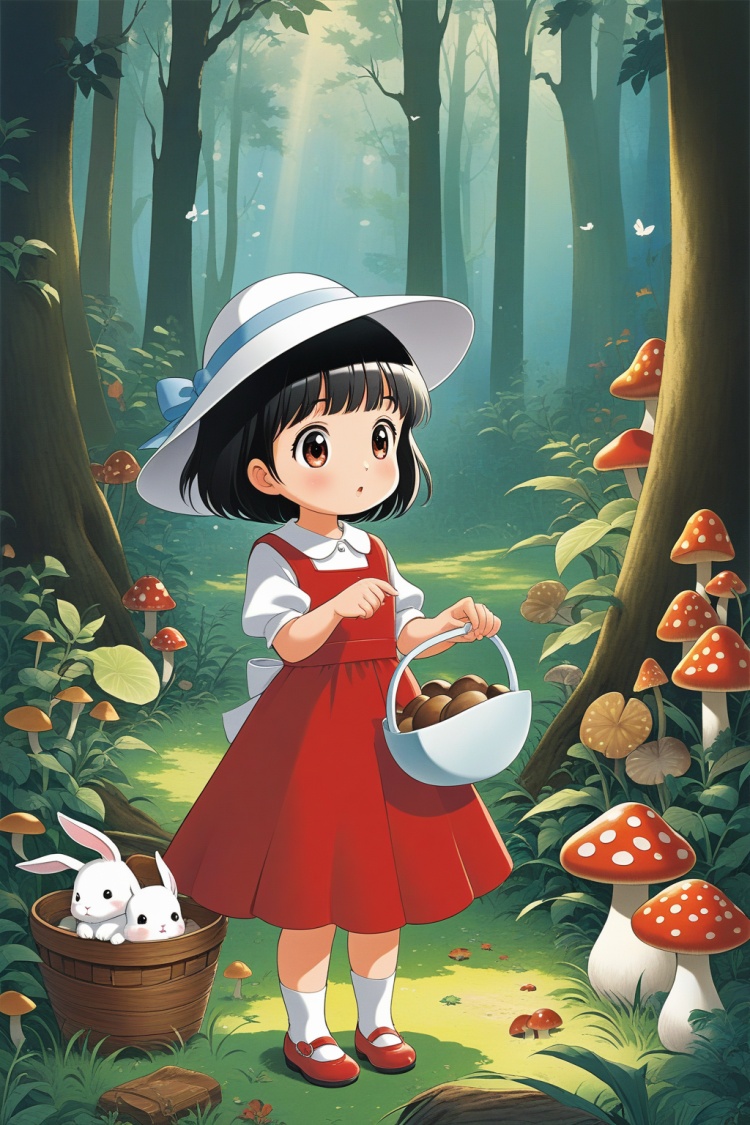 Little white rabbit + a little girl in a white hat, short black hair, and a red dress picking mushrooms in the forest, cartoon image, children's picture book