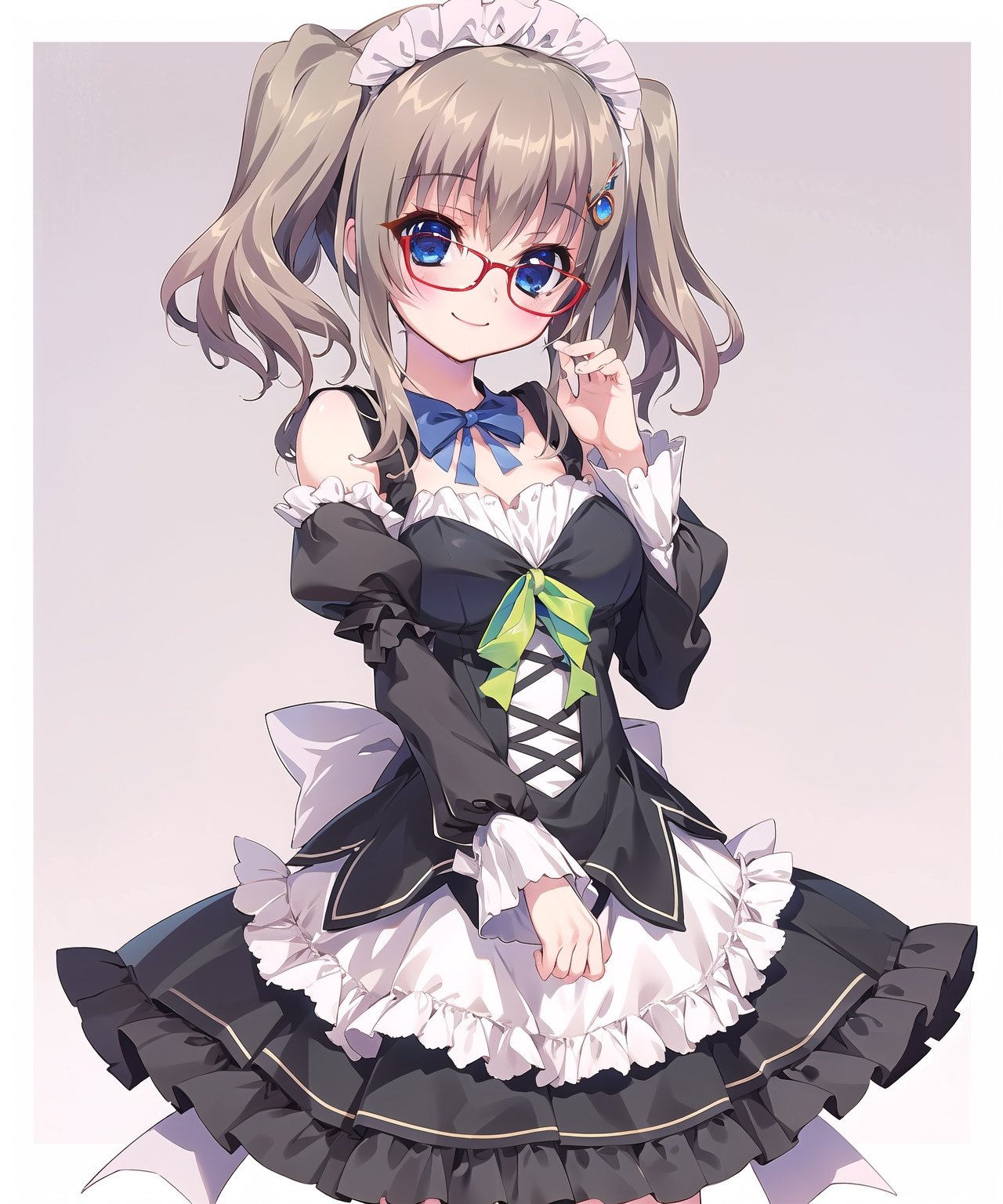 kujoumiyako,kujoumiyako maid uniform,brown hair,blue eyes,(looking at viewer:1.2),cowboy shot,smile,blush,twintails,red glasses,, masterpiece,best quality,