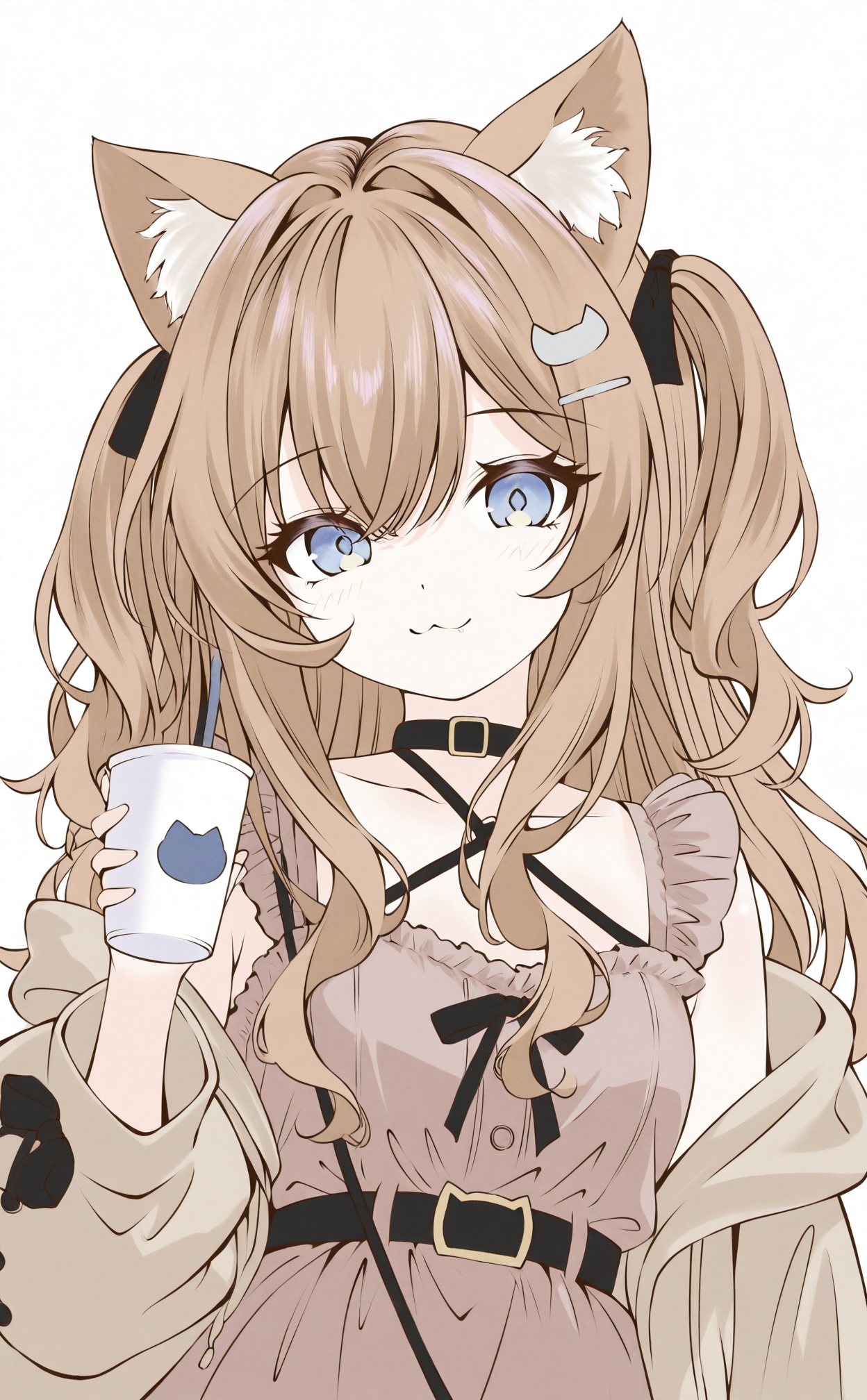 masterpiece,absurdres,best quality,((petite)),loli,high quality,chromatic_aberration,shiny_skin,//,1girl,animal_ears,solo,cup,:3,blue_eyes,long_hair,cat_ears,dress,holding,brown_jacket,looking_at_viewer,holding_cup,animal_ear_fluff,belt,jacket,black_belt,two_side_up,hair_ornament,open_clothes,off_shoulder,smile,upper_body,cat_hair_ornament,disposable_cup,simple_background,brown_dress,brown_hair,breasts,white_background,cat_girl,drinking_straw,medium_breasts,collarbone,halterneck,open_jacket,long_sleeves,black_bow,closed_mouth,bow,criss-cross_halter,//,<lora:れあちーず——【CKXL】hans:1>,