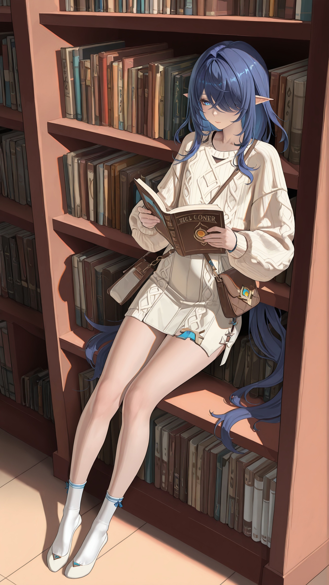masterpiece,best quality,amazing quality,<lora:lauma_(genshin_impact)-000018:0.8>,lauma \(genshin impact\),1girl,pointy ears,hair over one eye,blue eyes,blue hair,<lora:20250808-1754650692631:0.8>,zhigan3d,flat chest,1girl,solo,casual_style,beige_knit_set,knit_top,knit_midi_skirt,loose_fit,white_slipper_socks,round_toe_flats,small_cloth_bag,browsing_books,leaning_on_bookshelf,bookstore,tall_bookshelf,hardcover_books,reading_corner,soft_indoor_light,afternoon,warm_tone,holding_book (open),relaxed_posture,