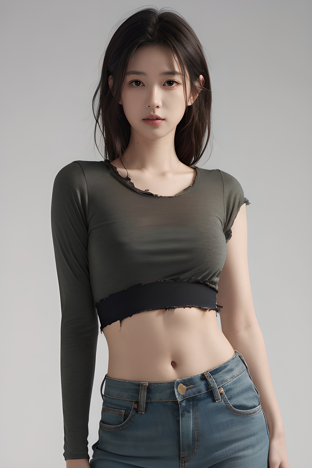 <lora:0818_05:0.7>,simple background,green_midriff,torn_clothes,, 1girl,realistic,masterpiece, best quality, photorealistic, HDR,detail