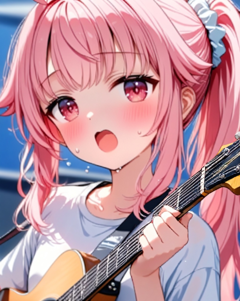 O,Five fingers,natsu (blue_archive),1girl,instrument,solo,pink hair,guitar,open mouth,ahoge,electric guitar,bangs,jacket,red eyes,blush,ponytail,sweat,holding,looking at viewer,shirt,holding instrument,white shirt,playing instrument,scrunchie,upper body,long hair,sweatdrop,sidelocks,music,pink eyes,(UHD),anatomically correct,accurate,textured skin,super detail,high details,award winning,best quality,high quality,retina,HD,16k,1080P,