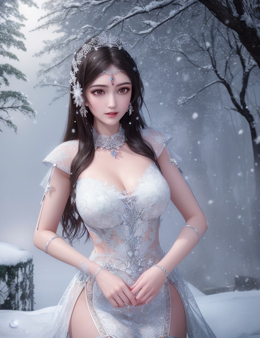 ultra realistic 8k cg, flawless, clean, masterpiece, professional artwork, famous artwork, cinematic lighting, cinematic bloom, perfect face, beautiful face, fantasy, dreamlike, unreal, science fiction,   lace, lace trim, lace-trimmed legwear, luxury, jewelry, diamond, gold, pearl, gem, sapphire, ruby, emerald, intricate detail, delicate pattern, charming, alluring, seductive, erotic, enchanting, hair ornament, necklace, earrings, bracelet, armlet,halo,autumn,((,1girl, pov,best quality, ))  , ((((1girl, solo,outdoors, large breasts,,snowflakes,  snow, snowing,   ))))    <lora:DA_BaiCai:0.7>
