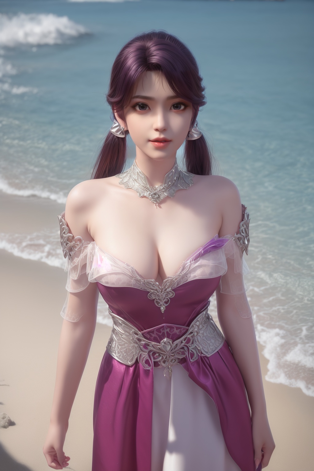 photo_\(medium\),(8k, RAW photo, best_quality),(masterpiece:1.2),(realistic:1.2),(photorealistic:1.3),(ultra-detailed),(extremely_detailed_cg_8k_wallpaper),(crystal_texture_skin:1.3),(shiny:1.2),(shiny_skin:1.4),(extremely_delicate_and_beautiful),shenfengLingLuoChen,1girl,solo,armor,purple dress,skirt,detached collar,skirt,torogao,bare shoulders,twintails,Cleavage,standing,jewelry,hair ornament,lips,earrings,necklace,realistic,looking at viewer,Summer,Beach,Sea,sunshine,<lora:shenfengLuoYan_20240514203344-000005:0.7>,