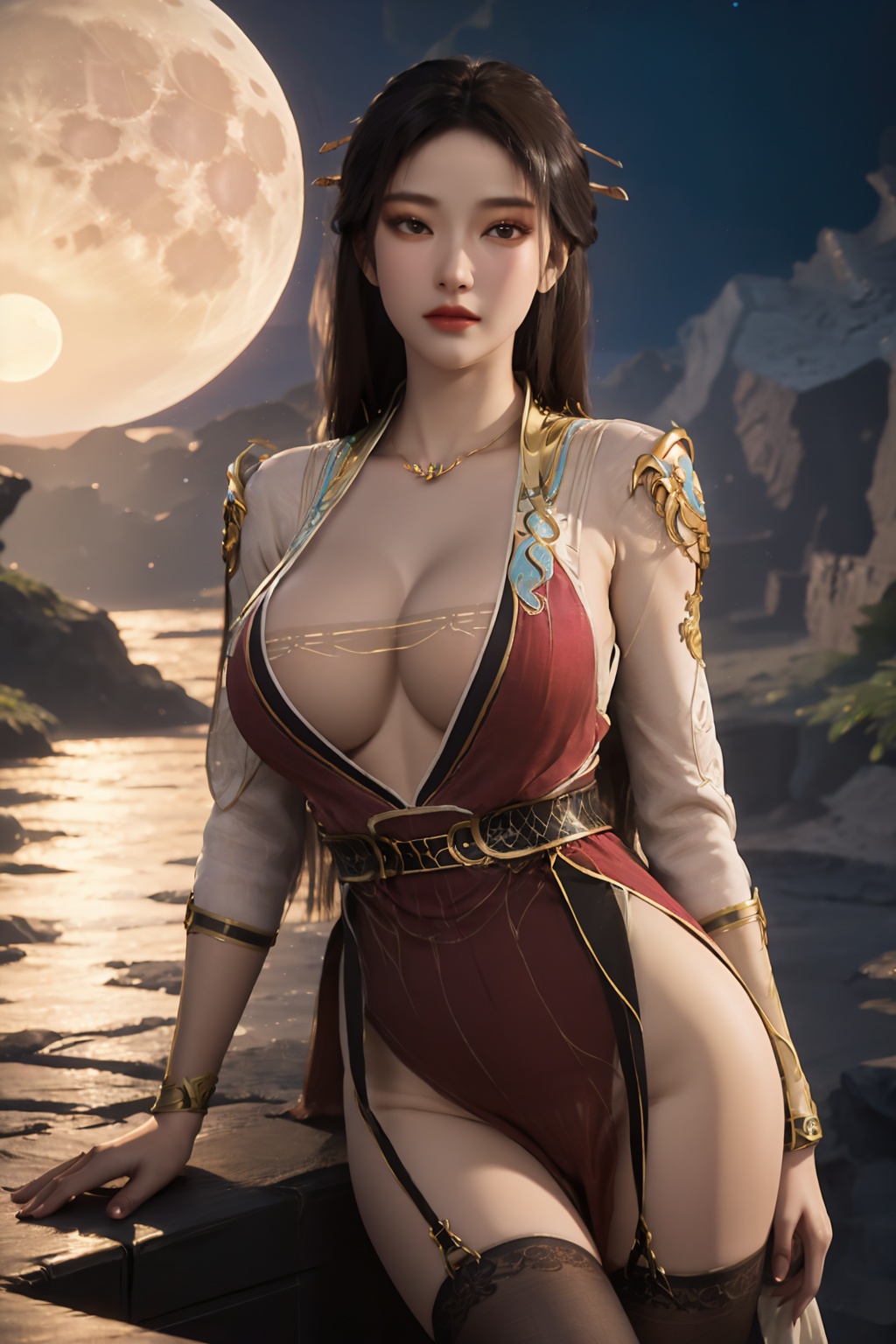 standing,flower,full_moon,moon,night,lily_pad,lotus,moonlight,nipples,water,night_sky,lily_\(flower\),sky,partially_submerged,1girl,solo,hair ornament,long hair,realistic,nail polish,photo_\(medium\),(huge breasts, cleavage),makeup,(8k, RAW photo, best quality, masterpiece:1.2),(realistic, photorealistic:1.3),ultra-detailed,extremely detailed cg 8k wallpaper,(crystalstexture skin:1.2),extremely delicate and beautiful,(sexy pose:1.2),wearing edgHL,see-through,thighhighs,sexy lingerie,(huge breasts:1.2),silk,thin transparent silk,torn pantyhose,