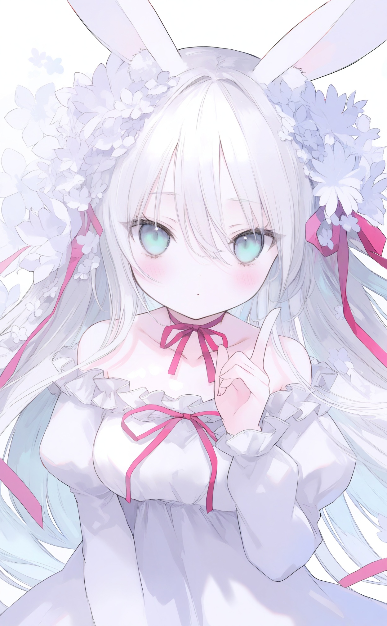 masterpiece,absurdres,best quality,loli,petite,high quality,chromatic_aberration,//,best,1girl,animal ears,solo,dress,rabbit ears,ribbon,long hair,flower,white dress,hair flower,white hair,looking at viewer,hair ornament,long sleeves,red ribbon,white background,hair between eyes,off shoulder,white flower,blue eyes,puffy sleeves,collarbone,frills,white theme,hair ribbon,arm up,frilled dress,rabbit girl,parted lips,simple background,index finger raised,pink ribbon,upper body,very long hair,off-shoulder dress,breasts,animal ear fluff,juliet sleeves,neck ribbon,blush,aqua eyes,bare shoulders,green eyes,pointing,expressionless,medium breasts,pointing up,:o,floral background,closed mouth,hand up,grey eyes,blue flower,//,<lora:guimao2——【noob】hans:1>,